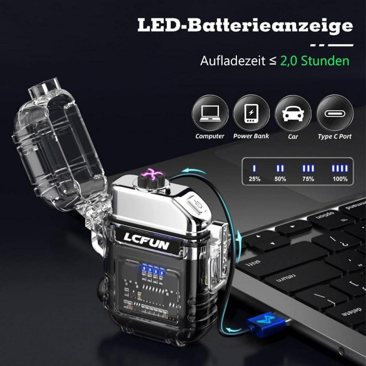 ELEKTRISCHES Feuerzeug USB C Wiederaufladbar mit Taschenlampe und Batterieanzeige Schwarz - Multicolor, Kunststoff (4/1.8/6.2cm)