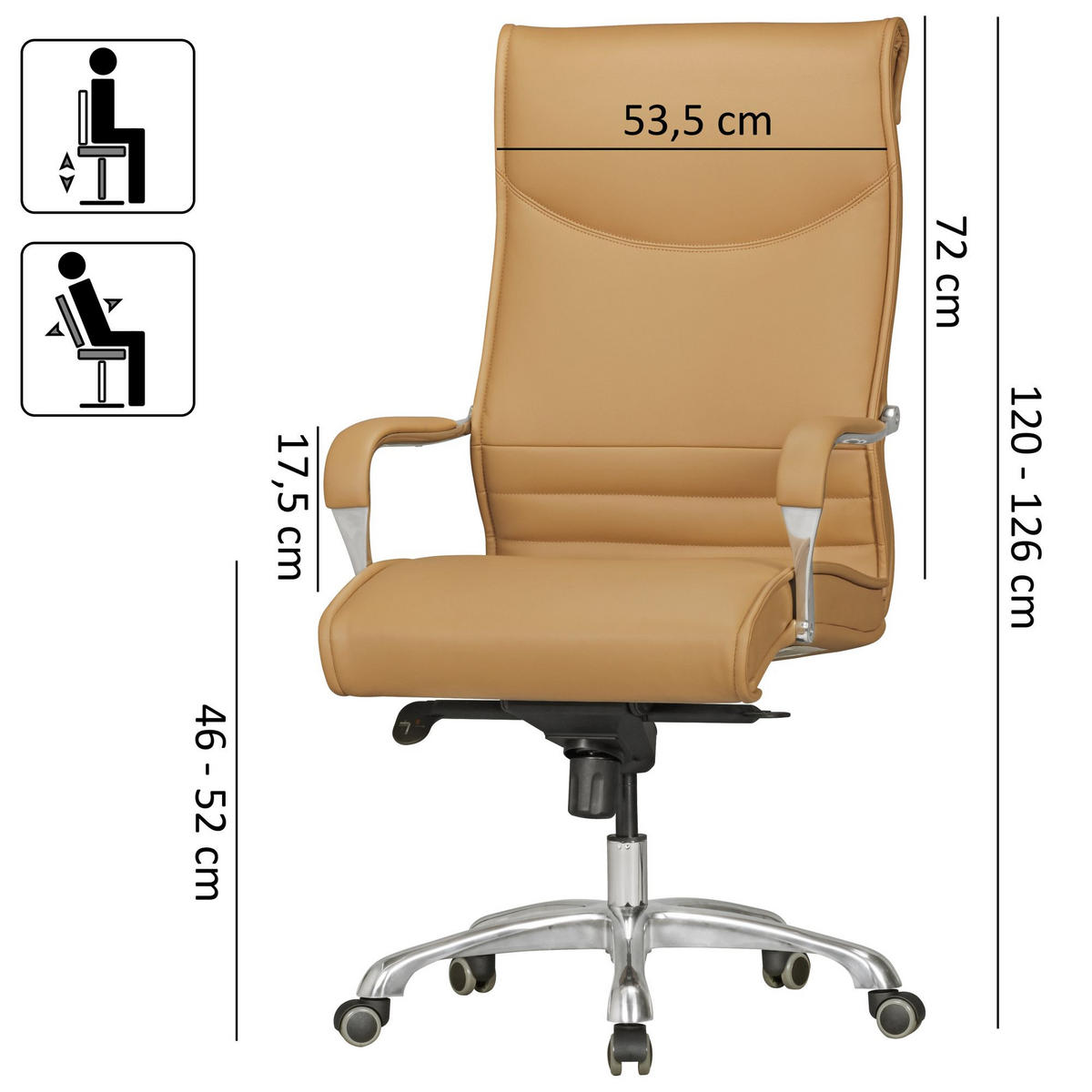 CHEFSESSEL XXL Kunstleder ergonomisch höhenverstellbar bis 150 kg VENGA, Braun 61x60x126 cm - Beige/Silberfarben, Kunststoff/Textil (61/126/60cm) - KADIMA DESIGN