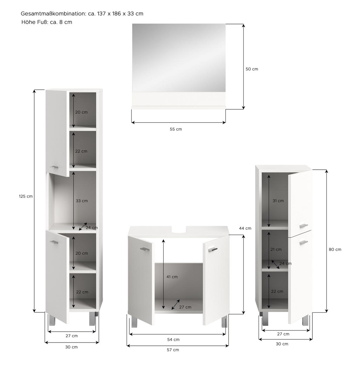 BADKOMBINATION 4tlg. Boston/Tampa Bad in weiß Nachbildung - modernes Design - B/H/T: 137x186x33 cm - Weiß, Holzwerkstoff (137/186/33cm)