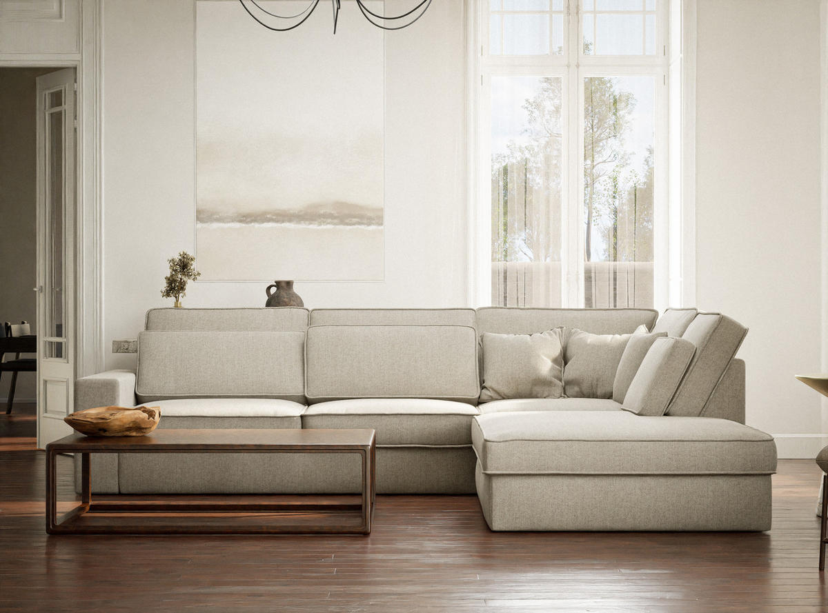 ECKSOFA Kirou Beige Webstoff - Rechts Seite - Beige/Schwarz, Holz/Holzwerkstoff (225/311cm) - Maison de Reve