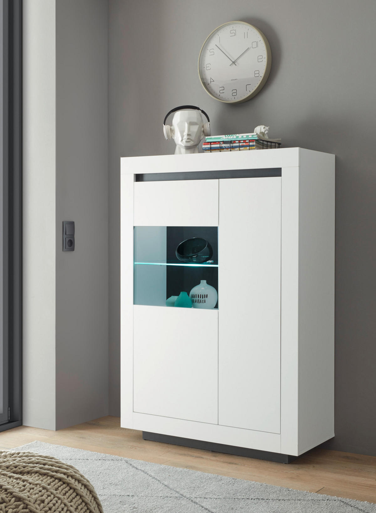 VITRINE weiß, anthrazit, Highboard 96 cm mit 7 Fächern - Weiß Hochglanz/Anthrazit, Glas/Holz (96/136/38cm) - Furn.Design