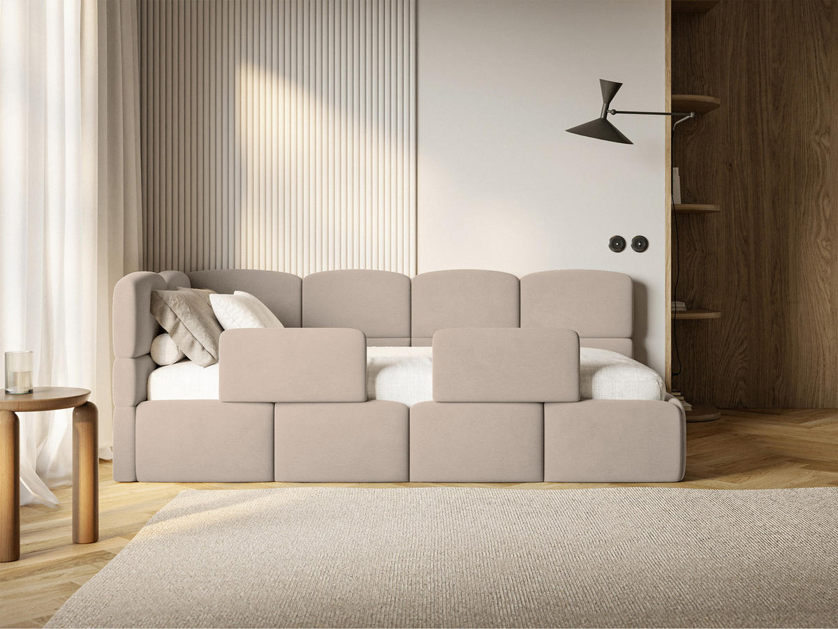 DETSKÁ POSTEĽ Cloudy béžová 90x200 cm, s matracom a zábranou, záhlavie vľavo, zamat - čierna/béžová, textil/plast (90/200cm) - Selsey
