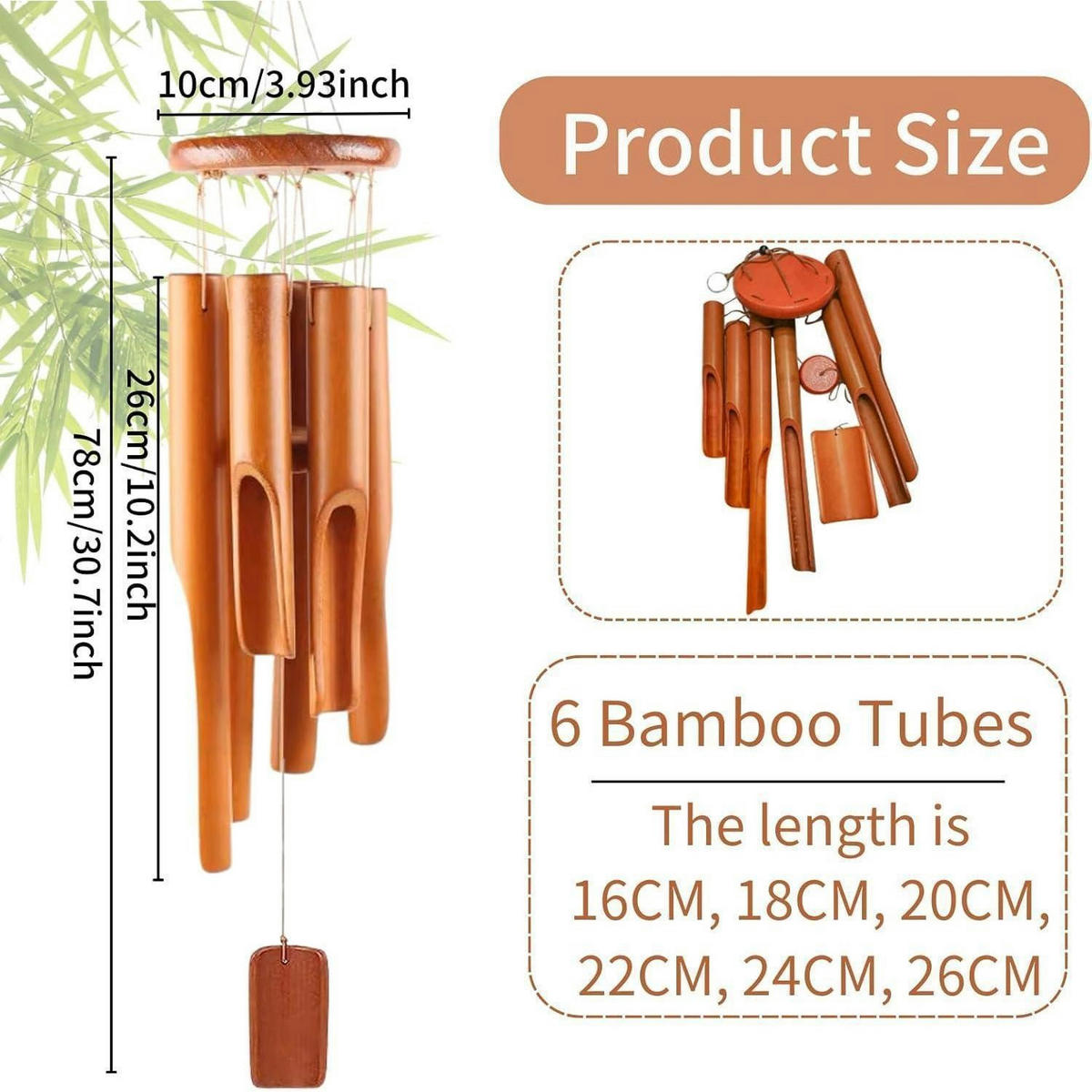 WINDSPIEL Bambus 6 Rohre Holzfarbe 75 cm - Braun, Naturmaterialien (10/10/75cm)