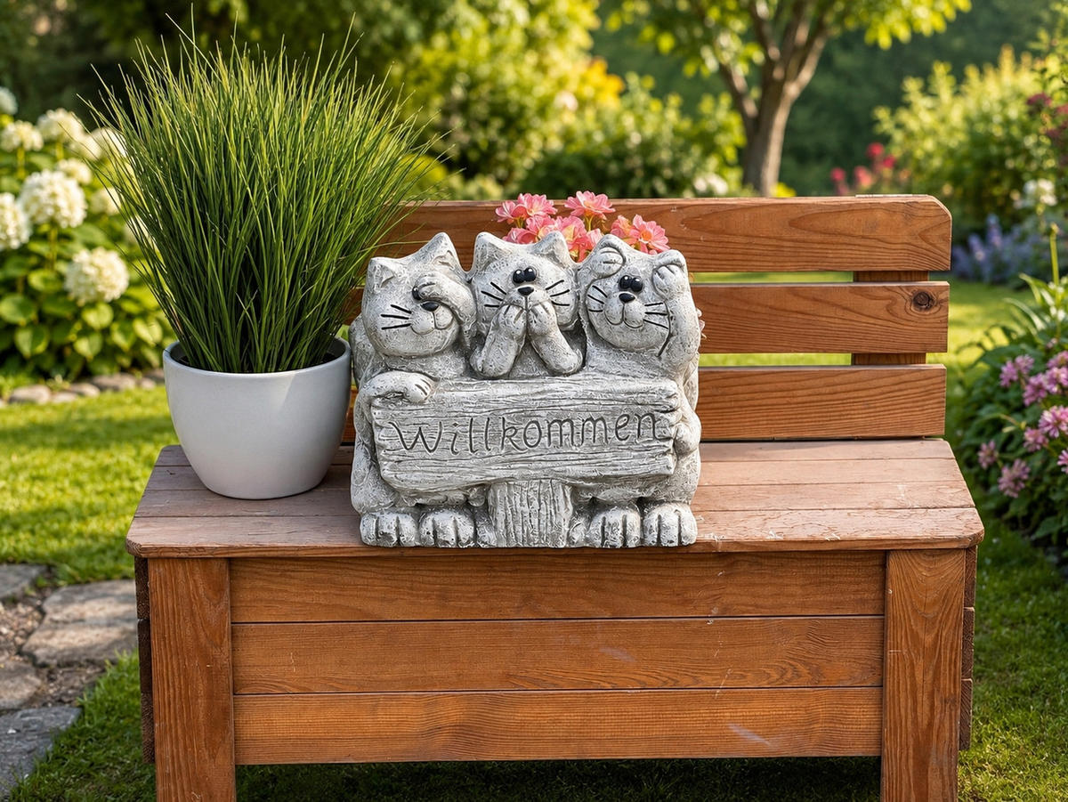 KATZEN Pflanzgefäß 3 Katzen Willkommen aus Steinguss frostfest - Grau, Stein (30/26/35cm) - stoneandstyle