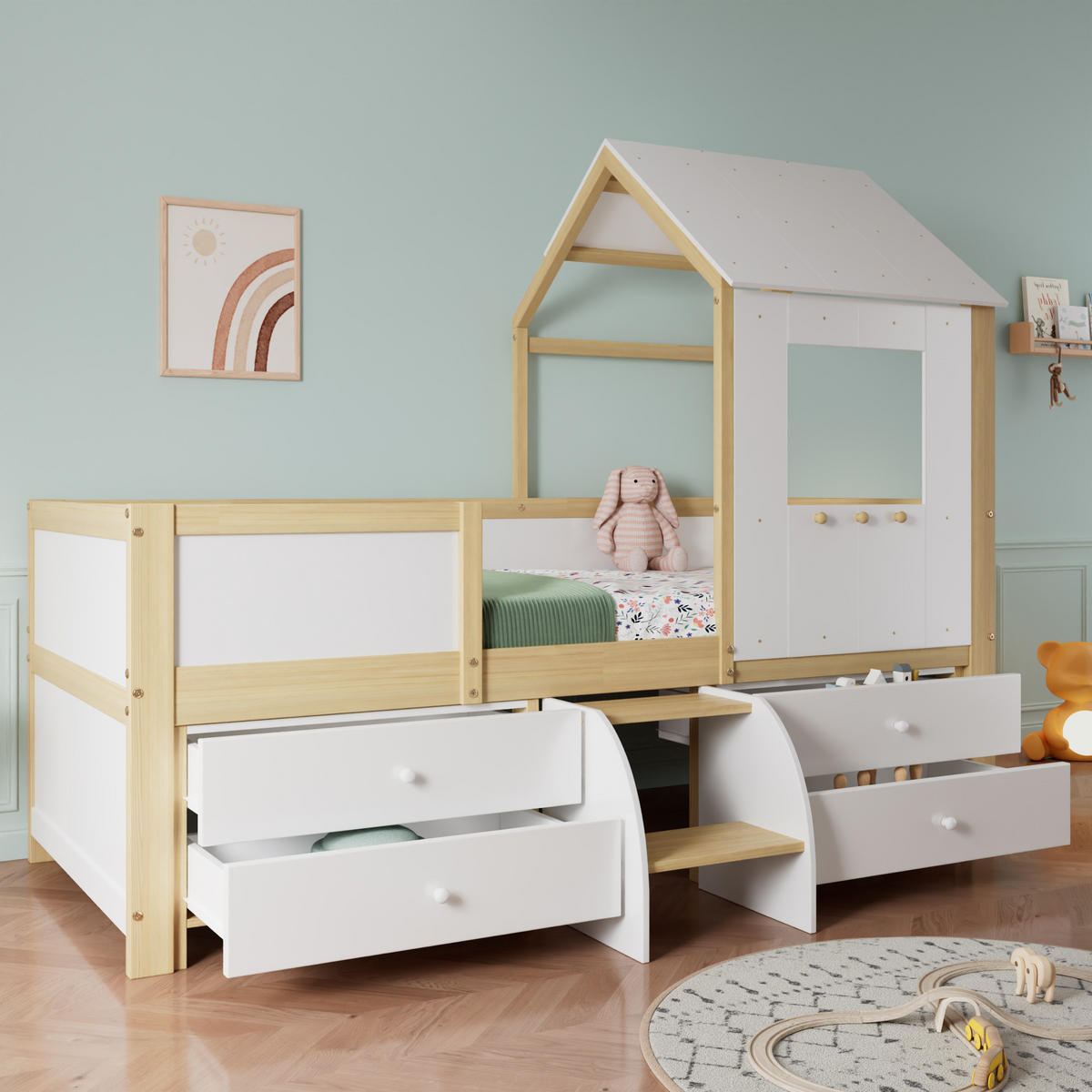 HAUSBETT 90/200 mit Dach, 4 Schubladen und kleiner Treppe in Weiß und Natur - Weiß/Naturfarben, Holzwerkstoff (90/200cm) - EVRYAE