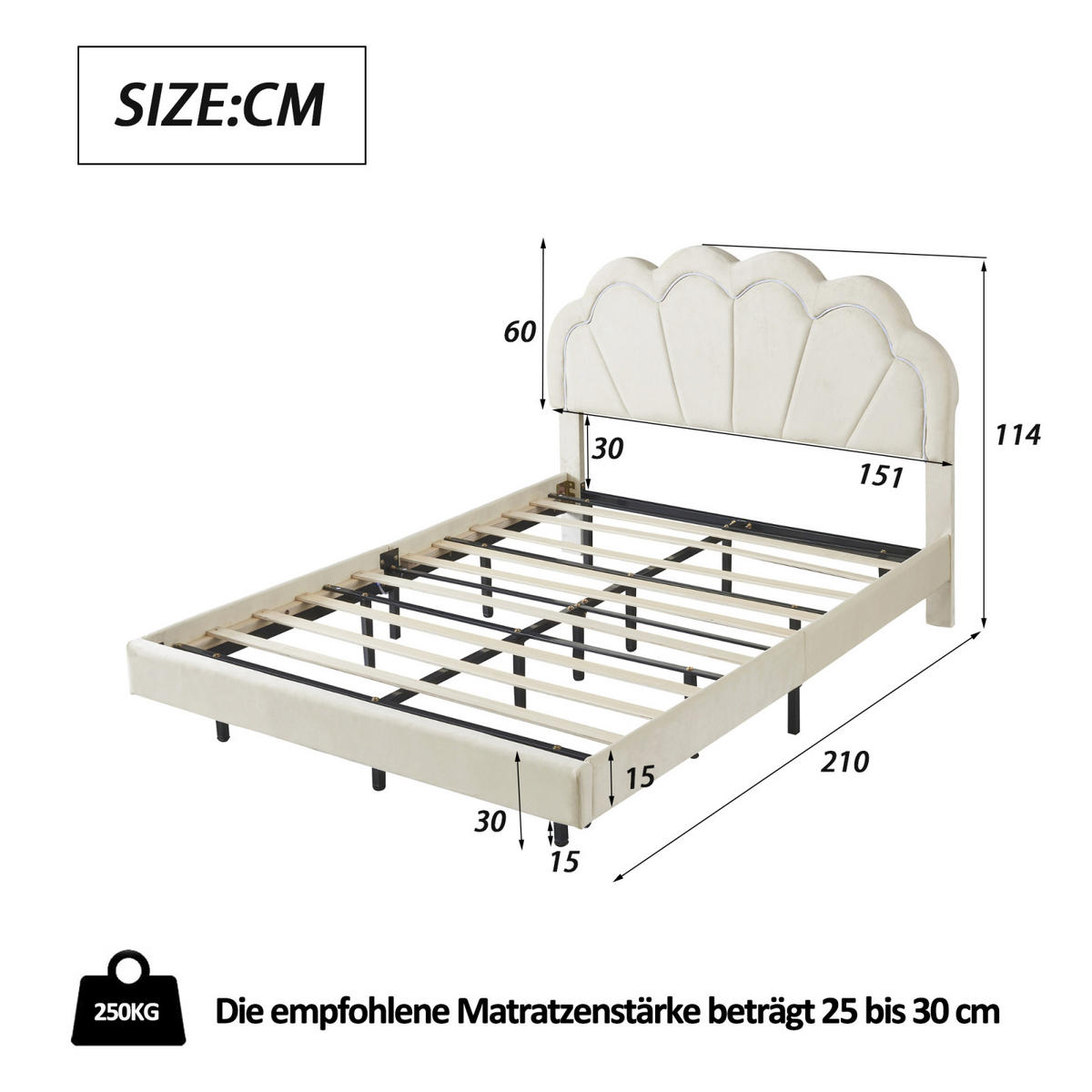 POLSTERBETT 140x200cm mit LED Wolkenform-Kopfteil und Lattenrost, Beige - Beige, Holz (140/200cm)