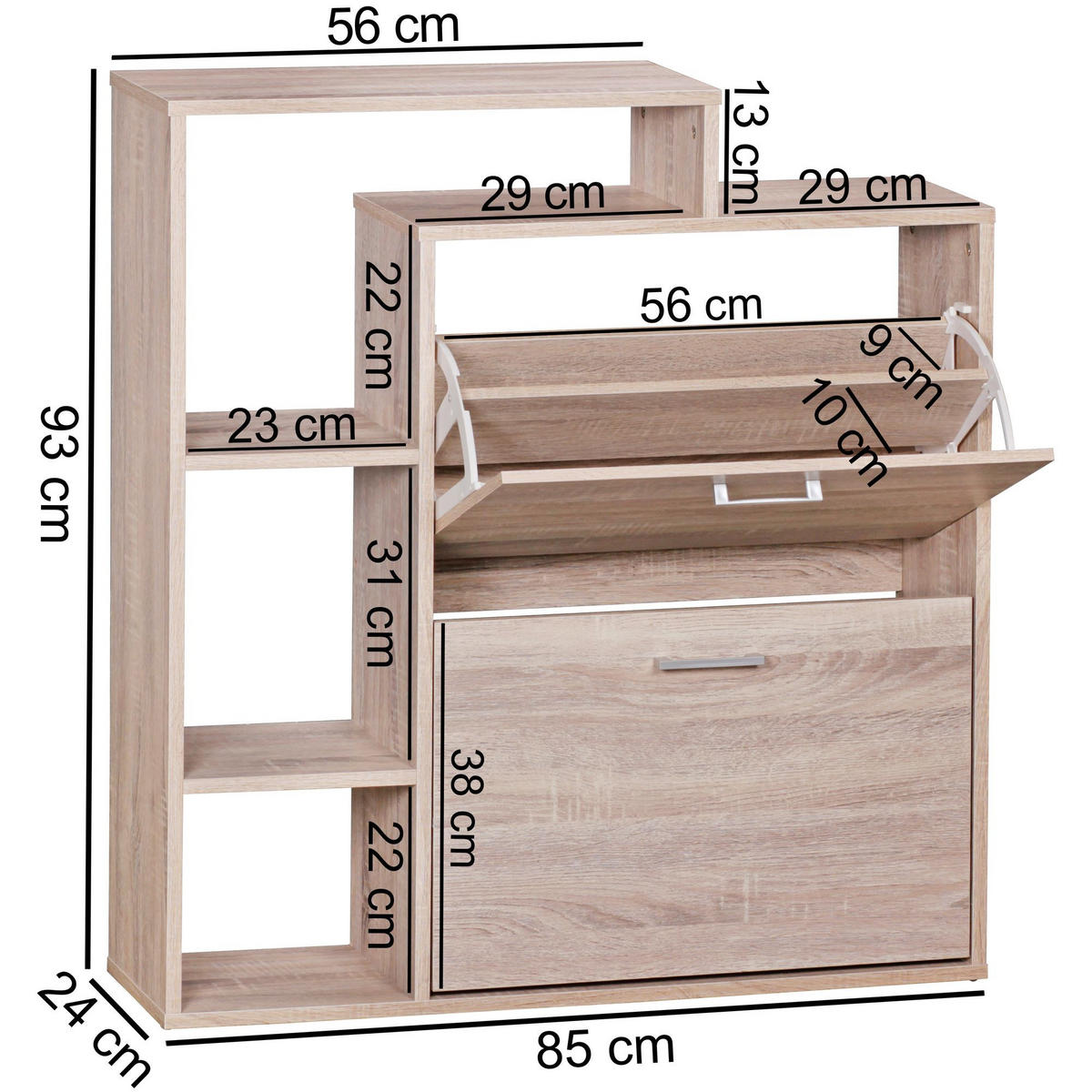 SCHUHKIPPER – Sonoma Eiche, für ca. 12 Paar Schuhe, MDF-Holz - Beige, Holz (85/93/24cm) - KADIMA DESIGN