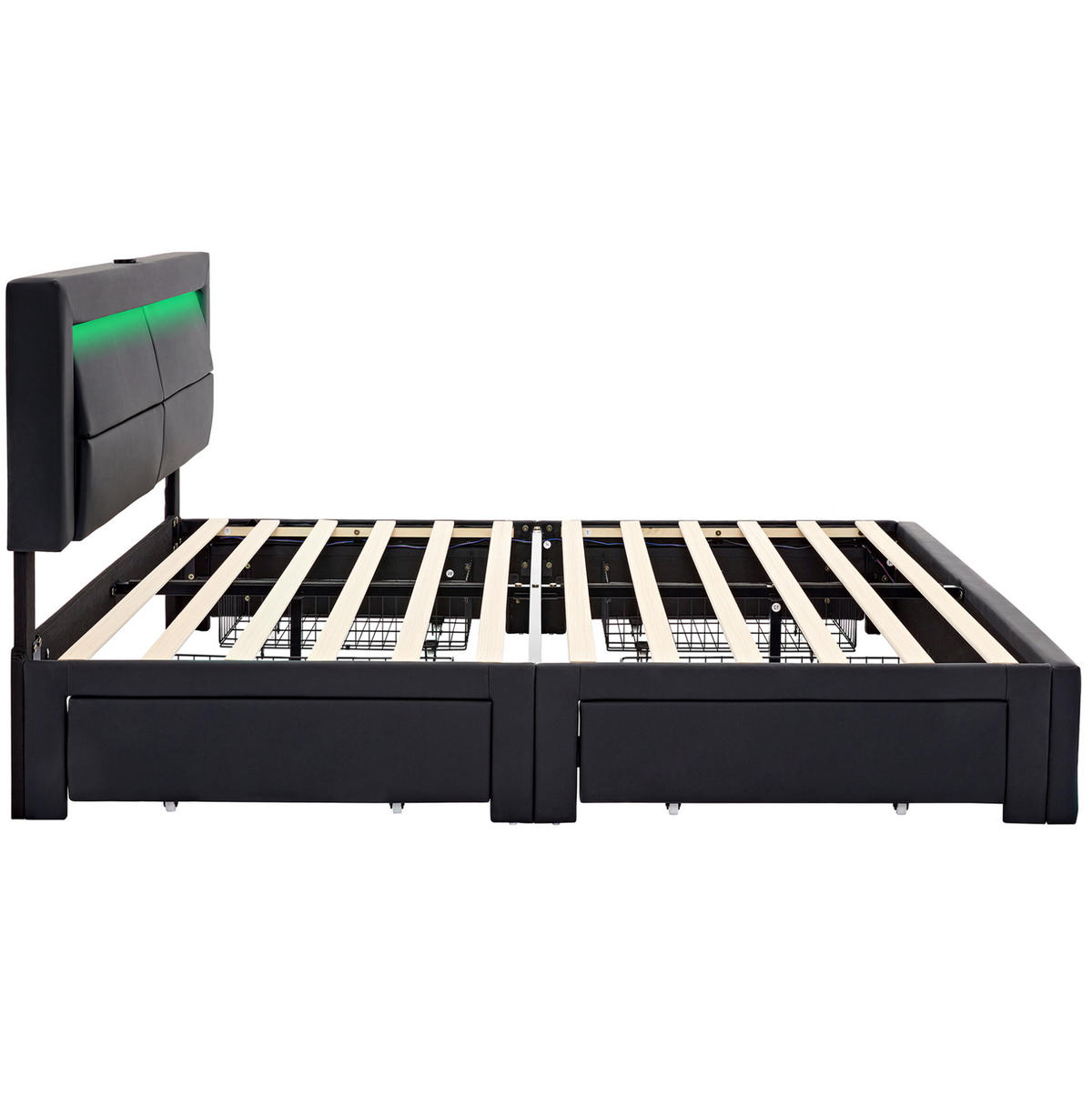 POLSTERBETT aus PU 140x200 cm Schwarz mit LED-Beleuchtung, USB-Ladeanschlüssen und 4 Schubladen - Schwarz, Leder (140/200cm) - IVMEU