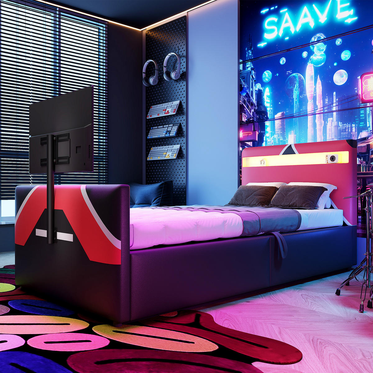 POLSTERBETT 90/200 cm Schwarz mit LED-Beleuchtung mit Stauraum und TV-Halterung PU-Leder - Schwarz, Kunststoff (90/200cm) - OKWISH