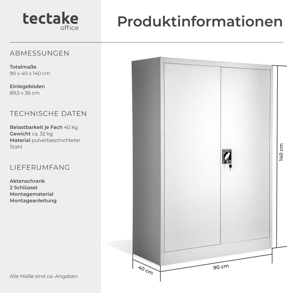 AKTENSCHRANK ,140 x 90 x 40 cm,grau - Grau, Metall (90/140/40cm) - tectake