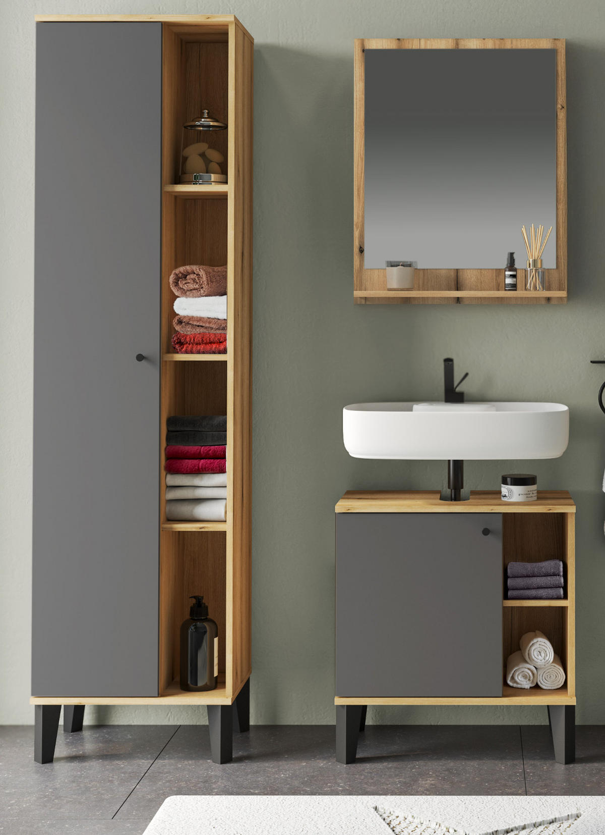 BADMÖBEL-SET 3-teilig grau, Evoke Eiche, Badkombination, 121 x 190 cm - Eichefarben/Grau, Glas/Holzwerkstoff (121/190/33cm) - Furn.Design