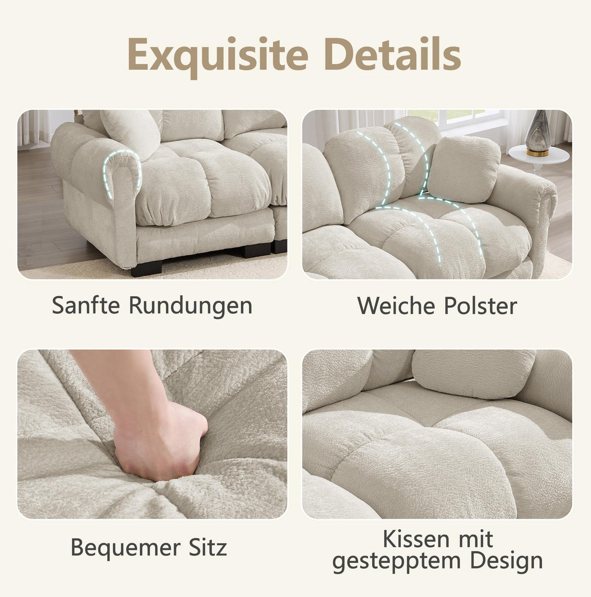 SOFA 190/149/90 cm in Hellkhaki aus Chenille mit modularer U-Form - Sandfarben, Textil (149/90/190cm) - Flora Grace