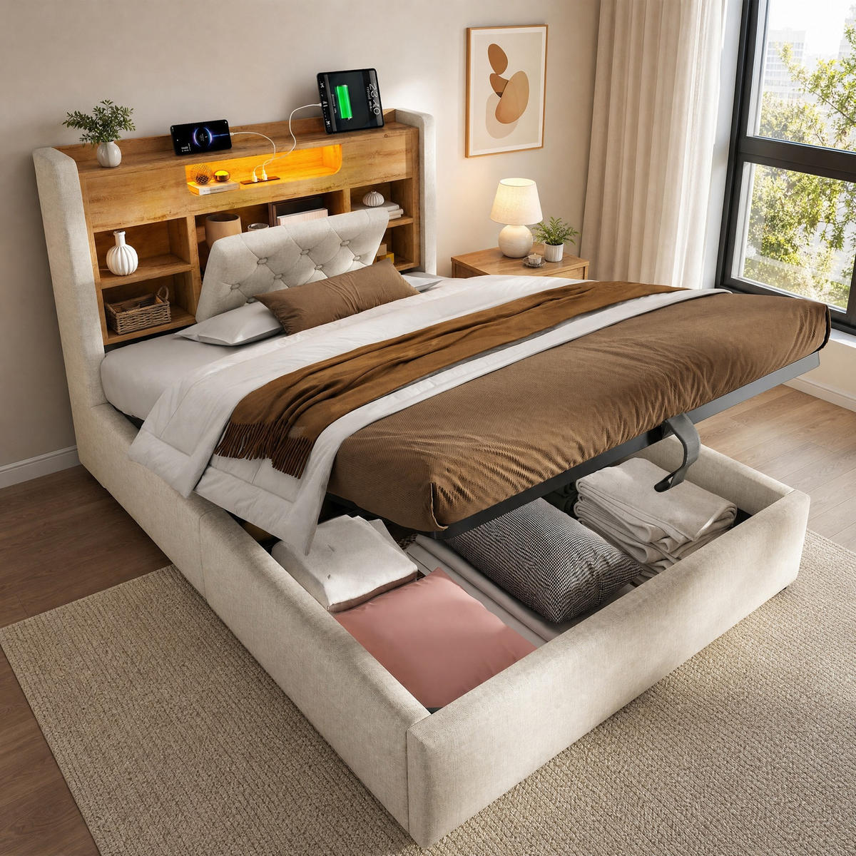 POLSTERBETT 90/200 mit Bettkasten,LED-Kopfteilregal und Ladeanschlüssen in Beige - Beige, Holzwerkstoff/Textil (90/200cm) - EVRYAE