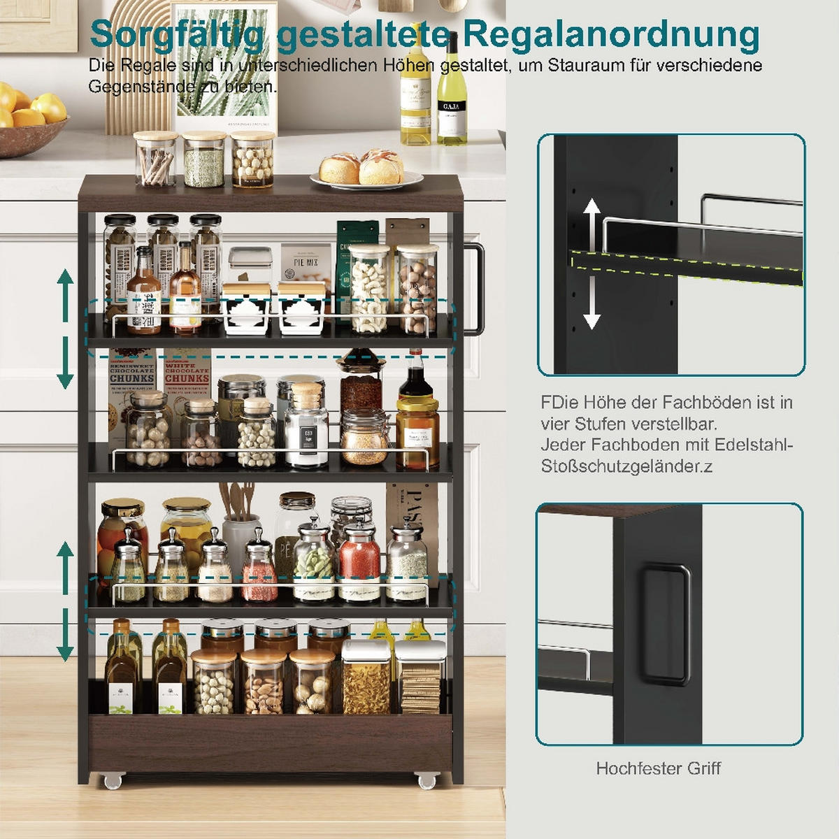 KÜCHENSCHRANK auf Rollen 12cm schmal Schwarz Braun Holzoptik 55/12/85 cm - Schwarz, Kunststoff (12/85/55cm) - Rolipo