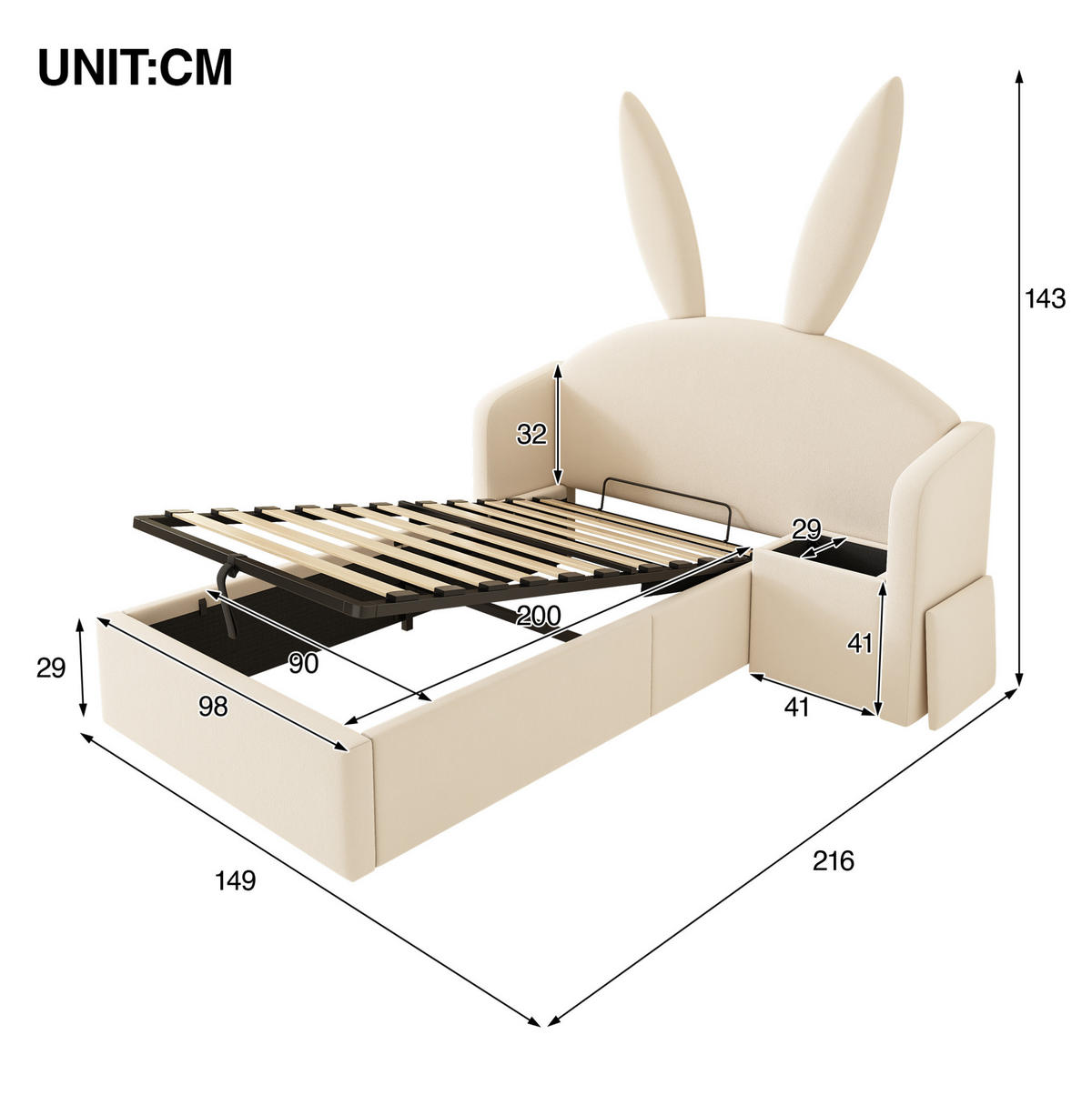 BETT mit hydraulischem Stauraum 90x200 cm Samt Beige, 2-tlg. mit Nachttisch - Beige, Metall (90/200cm) - Beauniv