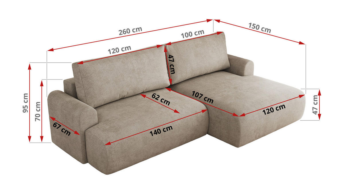 ECKSCHLAFSOFA TONO L Beige Struktur - rechts - Beige/Schwarz, Kunststoff/Textil (150/260cm) - MKS