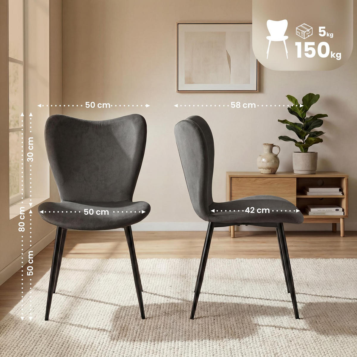 ESSZIMMERSTUHL Samt Anthrazit - Anthrazit/Schwarz, Textil/Metall (50/80/58cm) - CLP