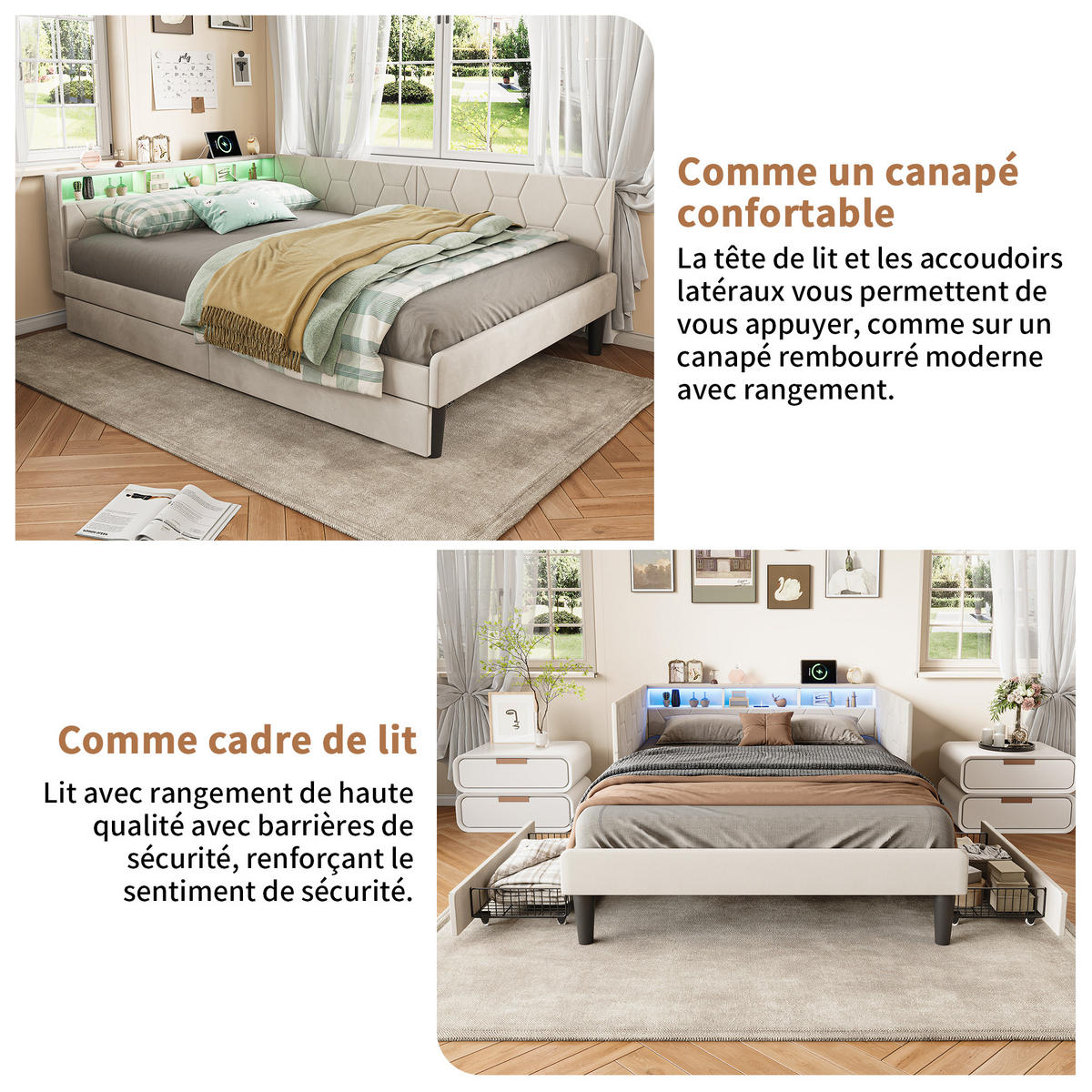 POLSTERBETT 140x200 cm LED USB Schubladen Lattenrost beige - Beige, Holz (140/200cm) - Fortuna Lai
