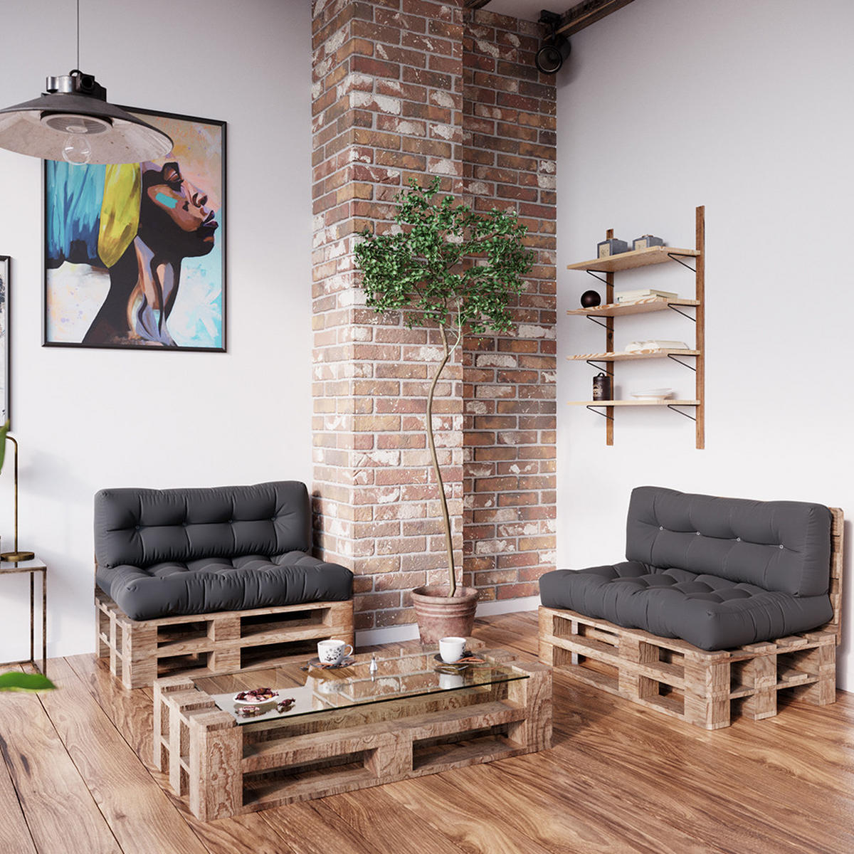 SET JASTUKA ZA PALETE Flocken Grafitna 120 x 80 cm 2 dijela - boje grafita, tekstil (120/80/15cm) - Vicco