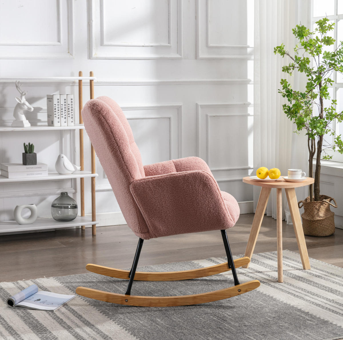SCHAUKELSTUHL 80/70/95 cm in Rosa aus Teddystoff mit Holz-Kufen - Rosa, Textil (70/95/80cm) - Flora Grace
