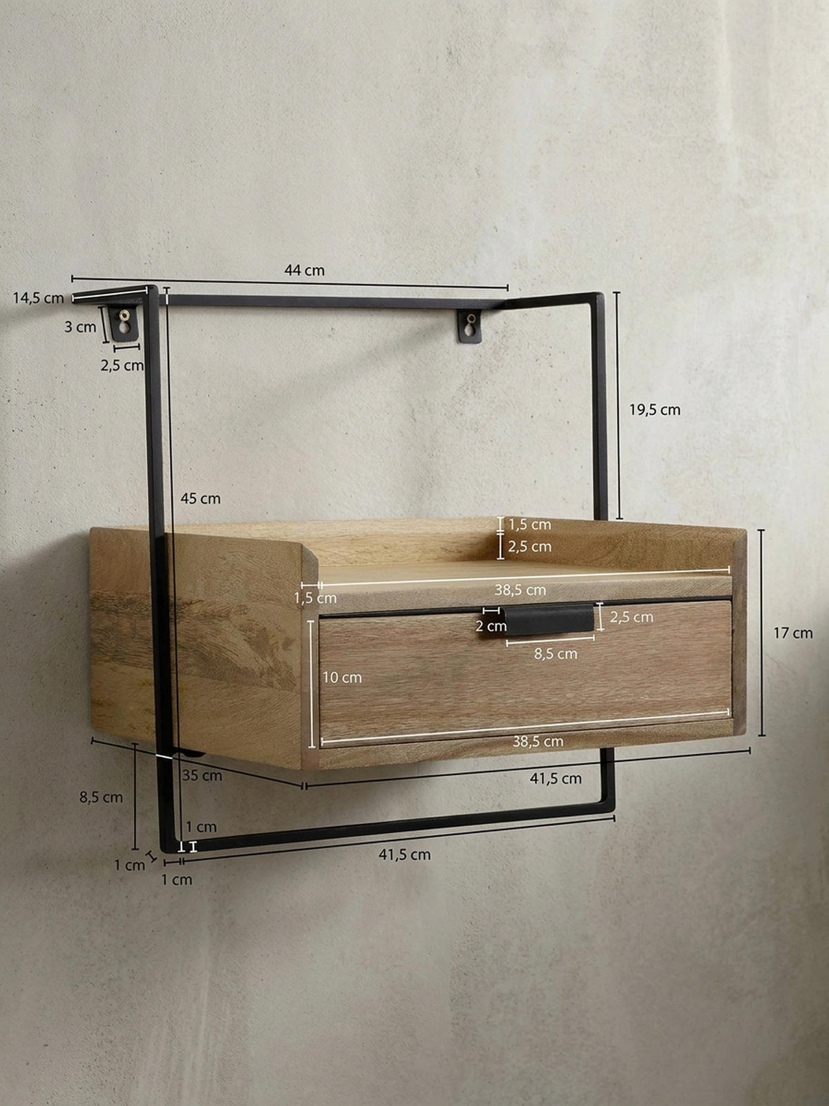 NACHTTISCH Mango Massivholz Wandmontage Schublade Boxspringbett, Beige 44x35x45 cm - Beige/Schwarz, Holz/Metall (44/45/35cm) - KADIMA DESIGN