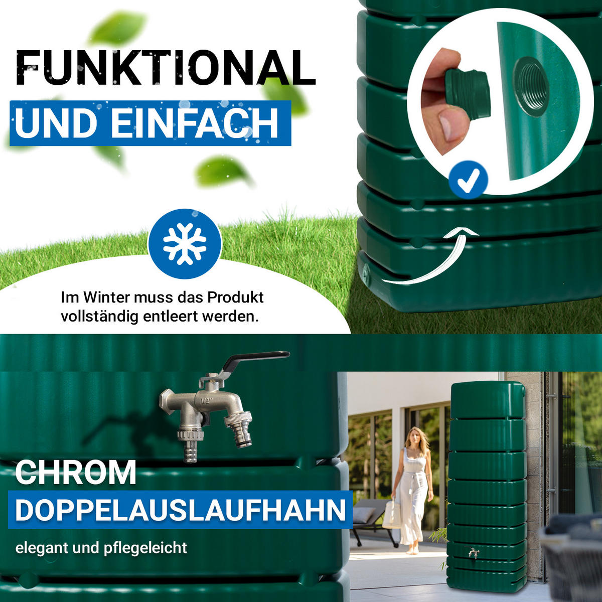 REGENTONNE Wandtank Komplett-Set 650 L, dunkelgrün inkl. Chrom-Doppelauslaufhahn und Fallrohranschluss - Grün, Kunststoff (79/210/52cm) - 4rain