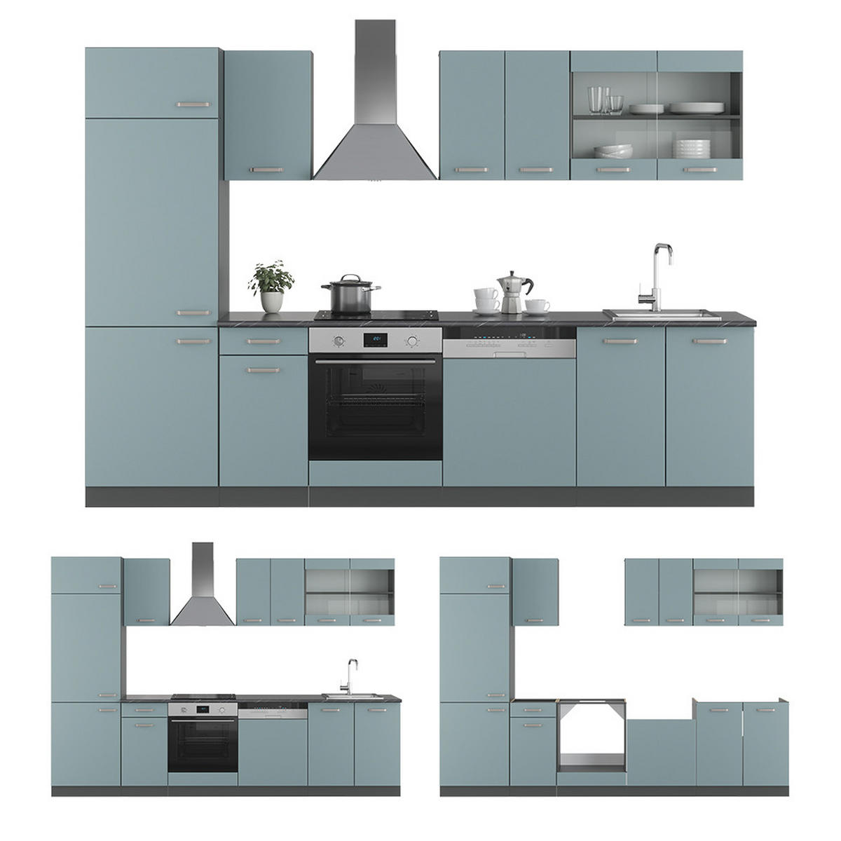 KÜCHENZEILE R-Line Blau-Grau/Anthrazit 300 cm, AP Anthrazit - Anthrazit/Blaugrau, Holzwerkstoff (300/81.6/60cm) - Vicco