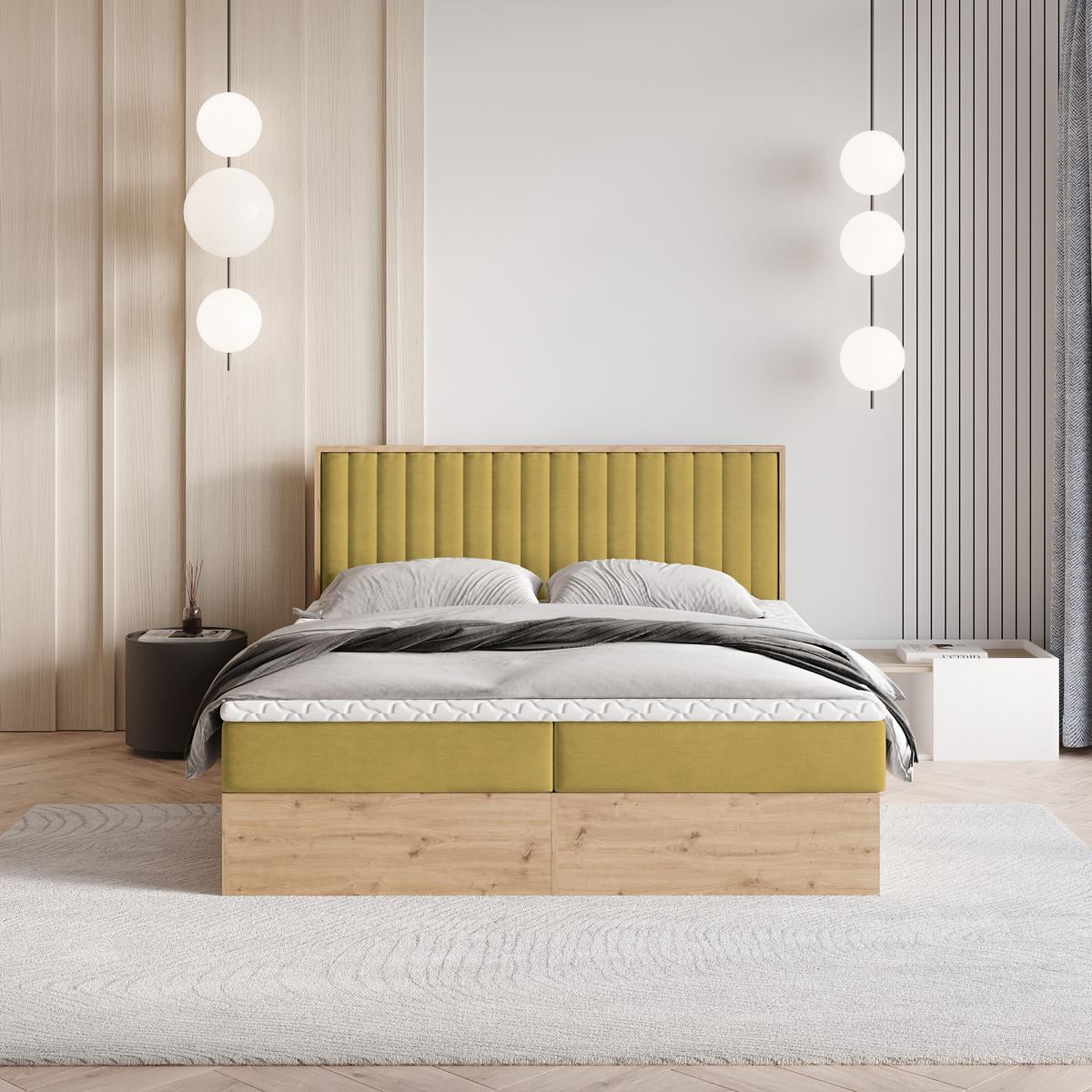 BOXBETT VARELI 180x200 cm mit Matratze und Topper - Gelb - Gelb, Holz (180/200cm) - MASSENO