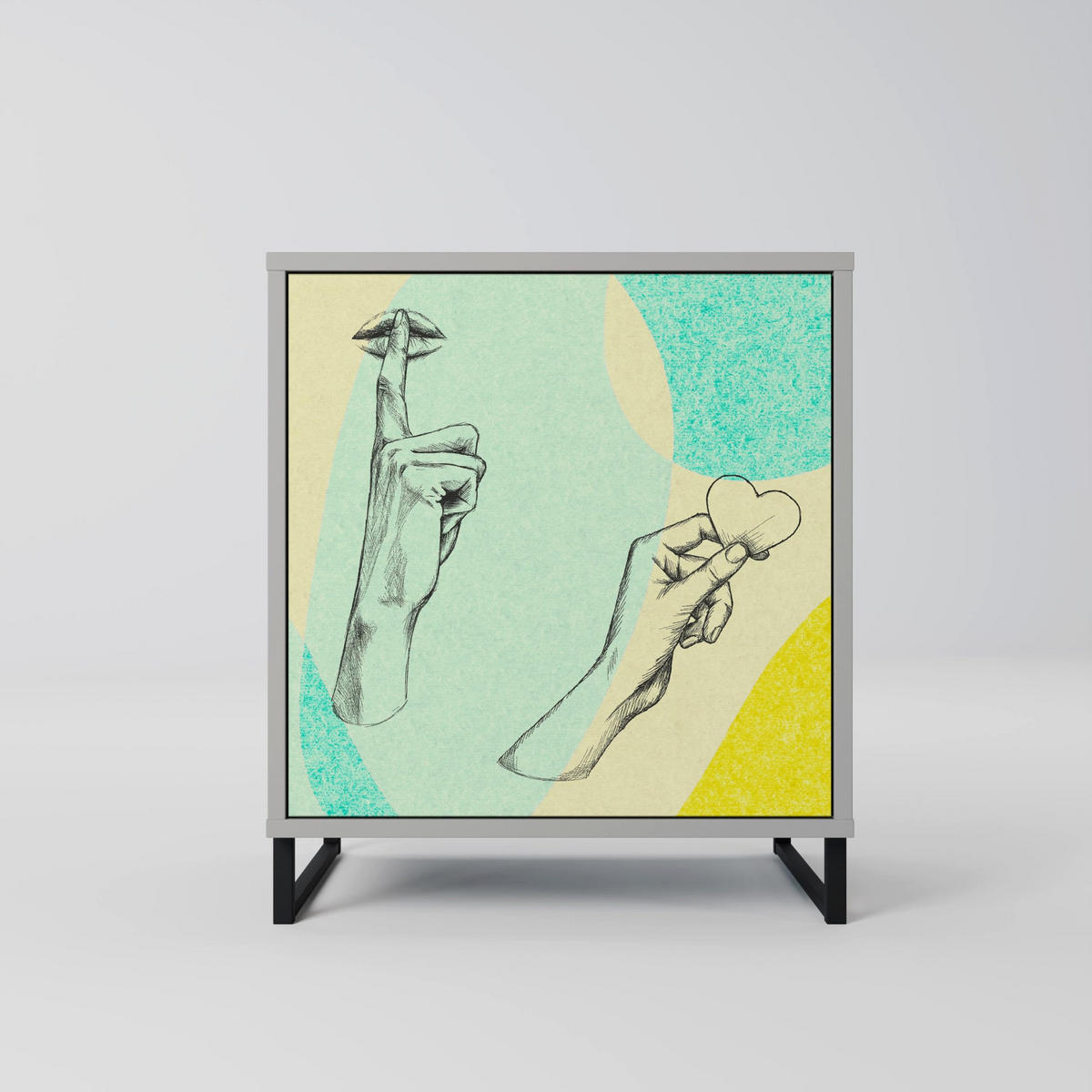SIDEBOARD BODY LANGUAGE, Grau, 57,5x42x77,5 cm, Schräge Buchenholzfüße - Buchefarben/Multicolor, Holzwerkstoff/Buchenholz (57.5/77.5/42cm) - SpaceRebels