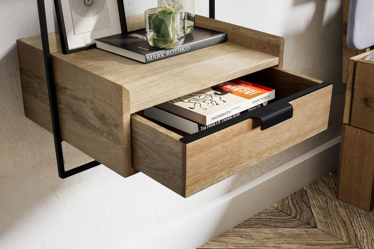 NACHTTISCH Mango Massivholz Wandmontage Schublade Boxspringbett, Beige 44x35x45 cm - Beige/Schwarz, Holz/Metall (44/45/35cm) - KADIMA DESIGN
