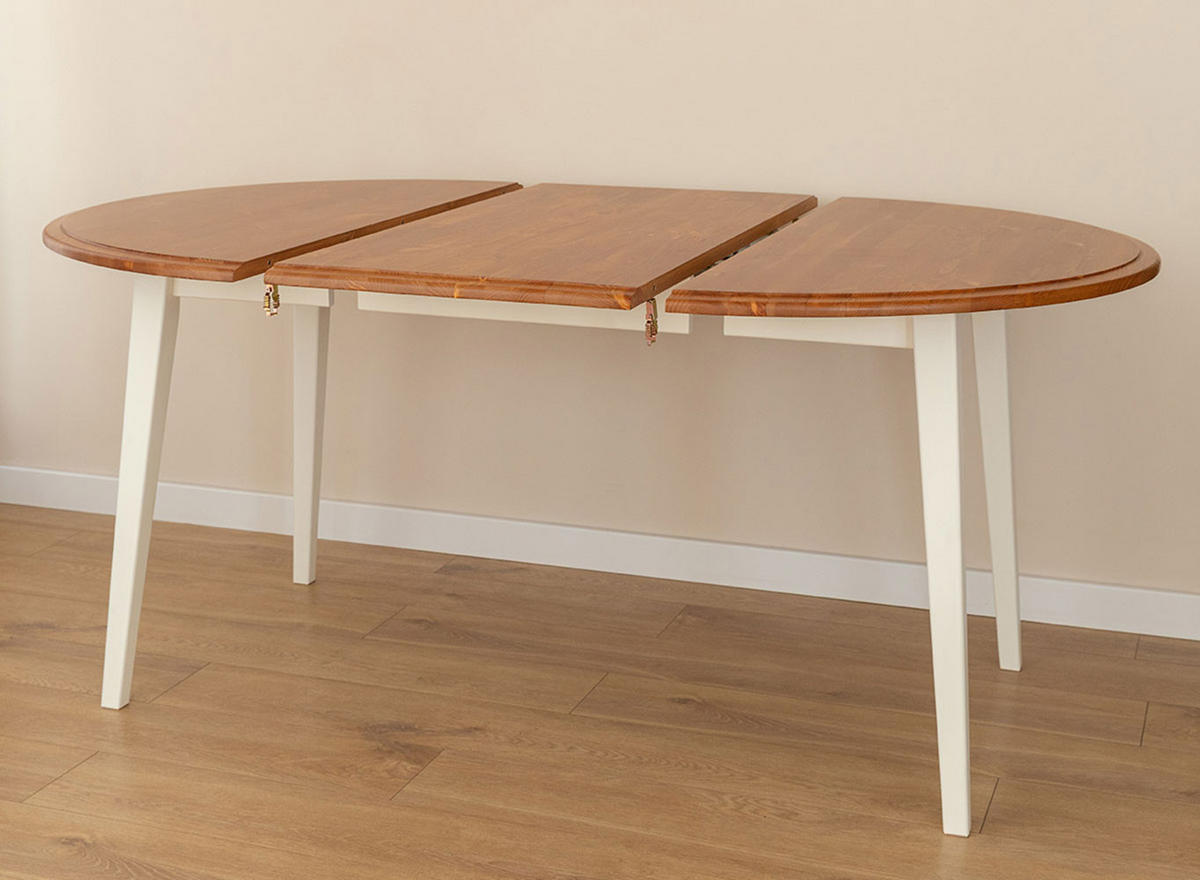ESSTISCH Belluno Elegante Kiefer weiß (RAL9010) lackiert / Kiefer gebeizt, Eichefarben 110-160 / 110 / 74,5cm - Eichefarben/Weiß, Holz (110/160/75cm) - Feldmann-Wohnen