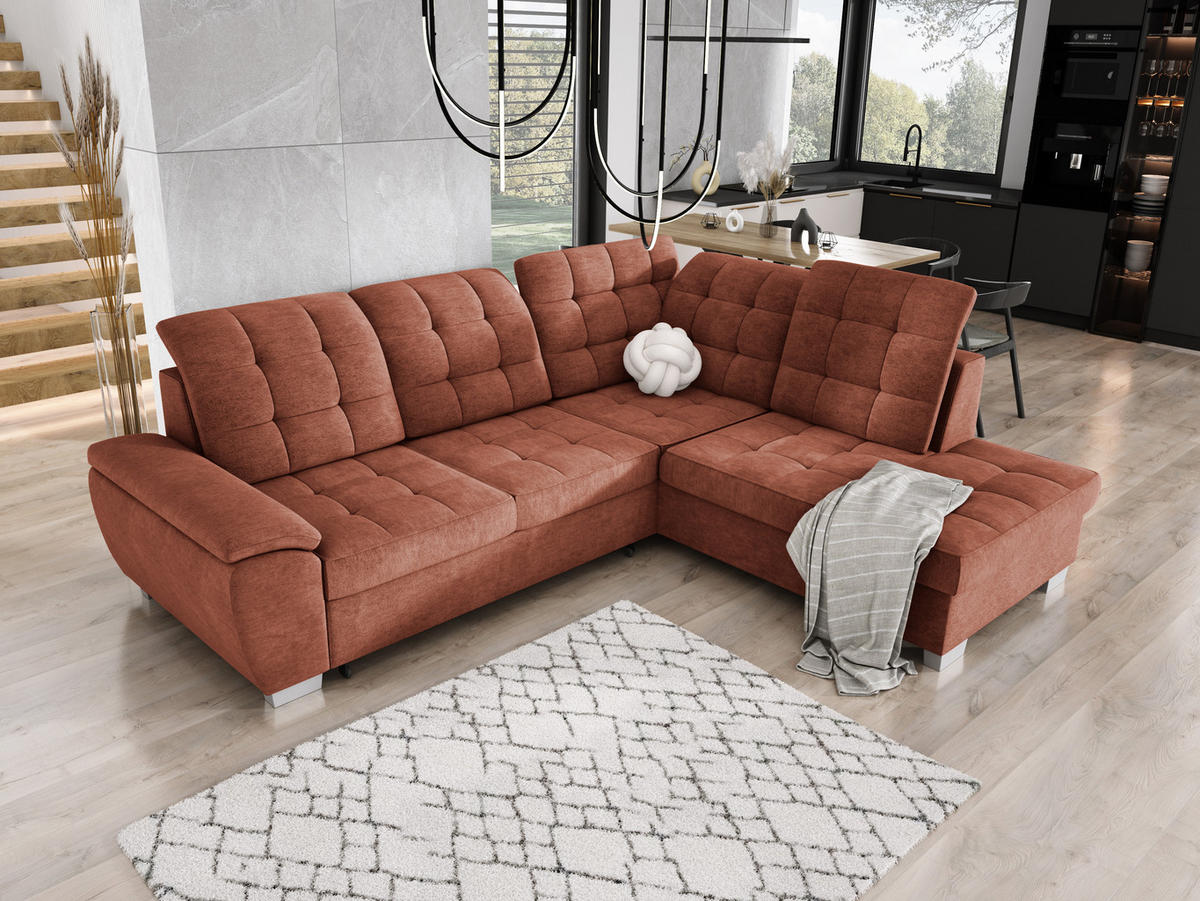 ECKSOFA LOTTA L-förmig Bettkasten verstellbare Kopfstützen hochwertige Verarbeitung lose Rückenkissen freistehend RECHTS 258x212x106 cm Dark orange - Dunkelorange, Holz/Textil (258/212cm) - DomoHome