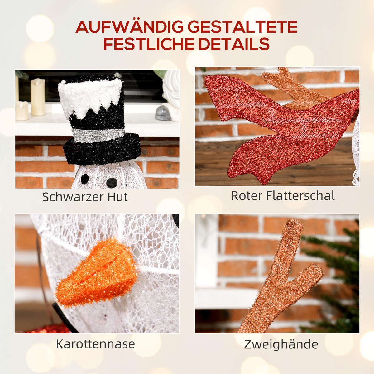 78ER LED Weihnachtsdeko, Weihnachten Schneemann für Indoor, Outdoor Mehrfarbig - Weiß, Metall (76cm) - Outsunny