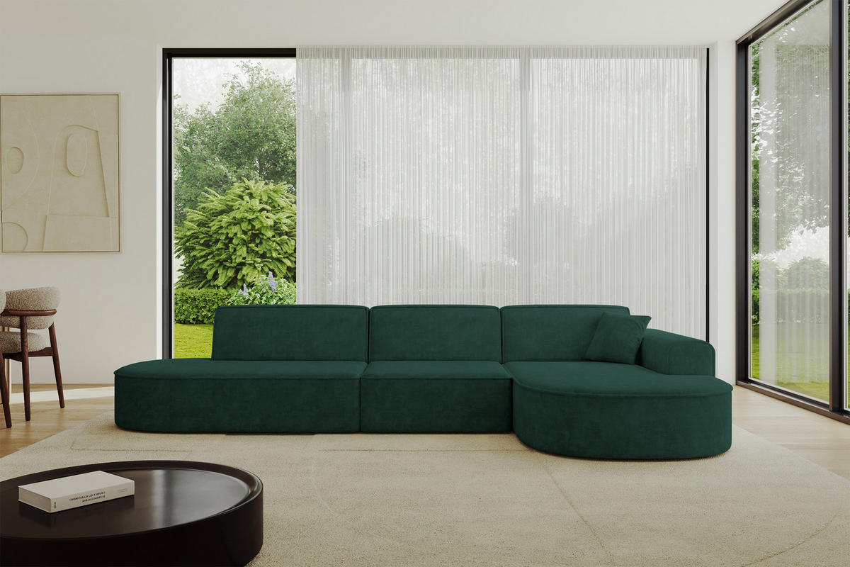 ECKSOFA Ottomane Rechts MARI-L2 - 328x171x79 cm Grün Velours - Schwarz/Grün, Holzwerkstoff/Kunststoff (171/328cm) - ALTDECOR