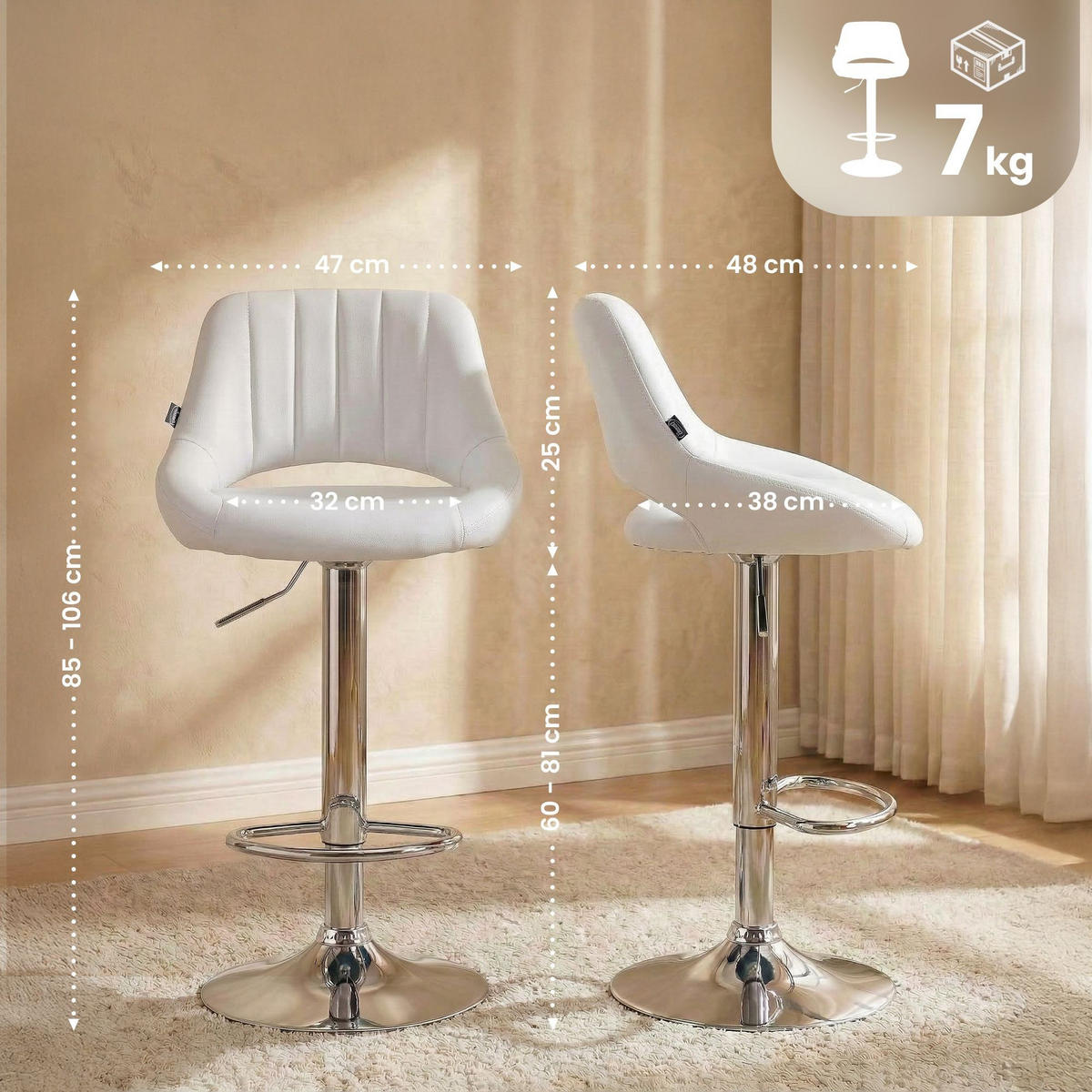 BARHOCKER Milet 85x47x48 cm weiß - Weiß, Leder (47/85/48cm) - furnicato