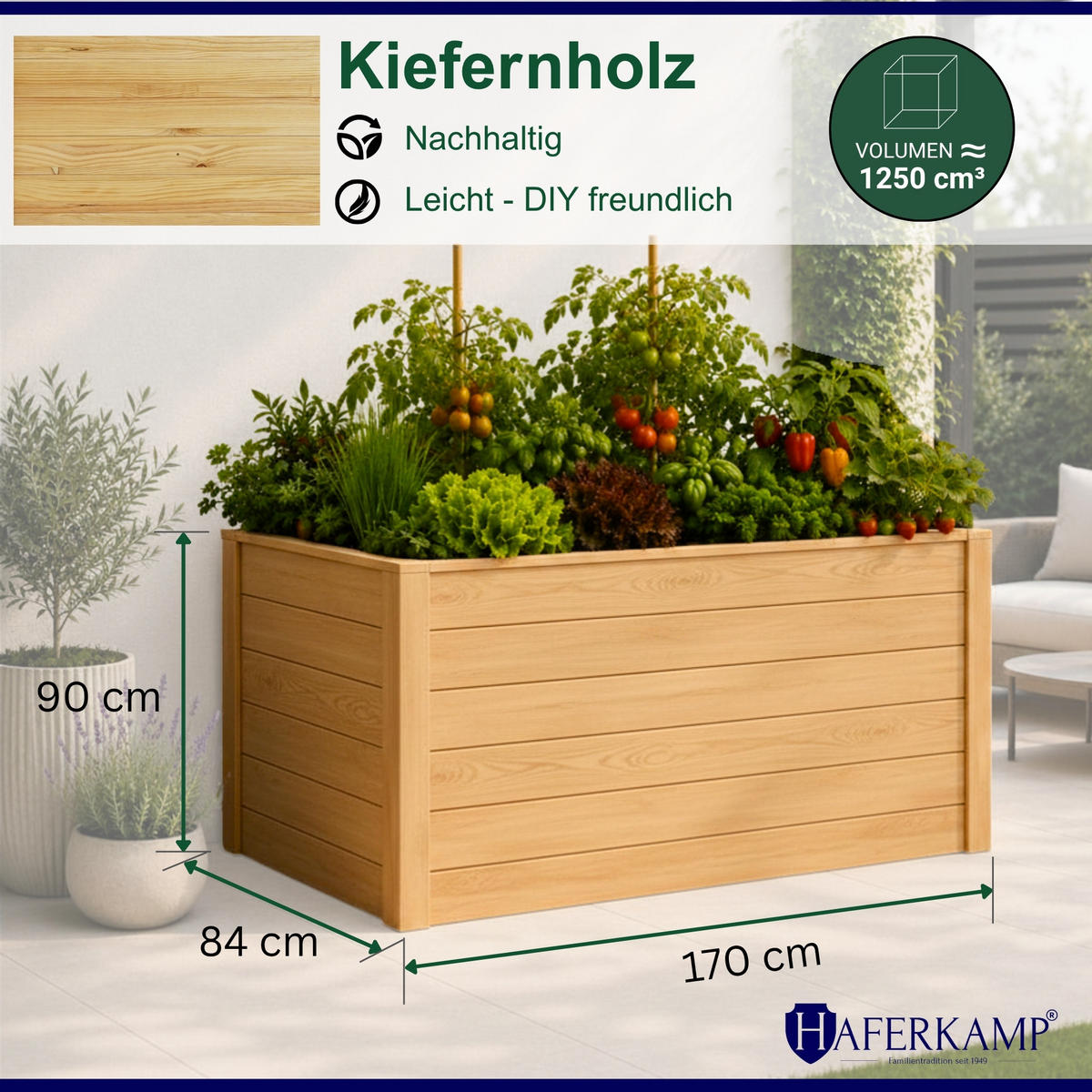 HOCHBEET HARZ aus Holz mit Schutzfolie 90x170x84 cm Außenbereich Natur Holz - Naturfarben, Holz (170/90/84cm)