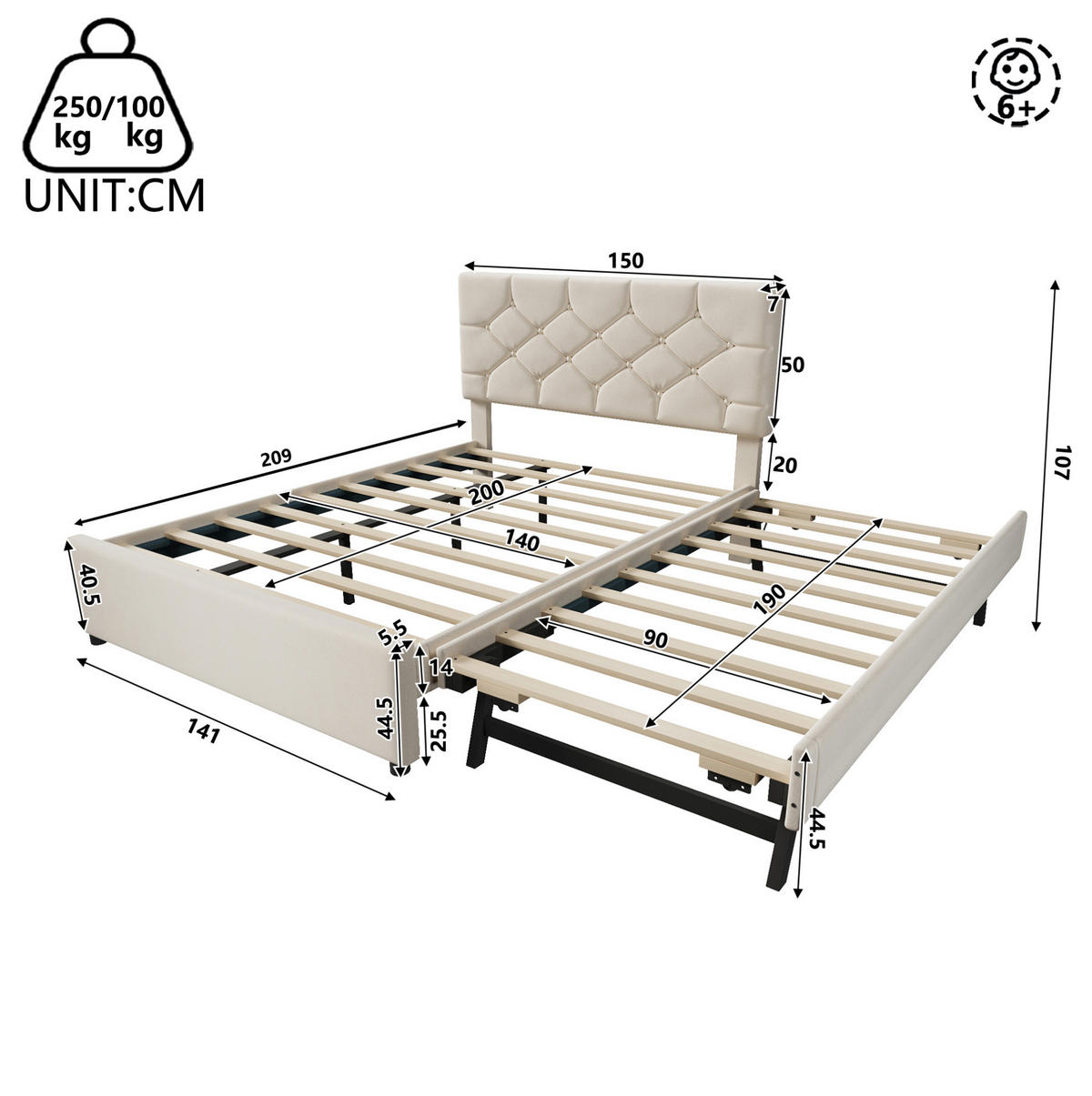 POLSTERBETT 140/200 cm aus Samt und MDF mit Ausziehbett, Beige - Beige, Textil (140/200cm) - OKMYHOME