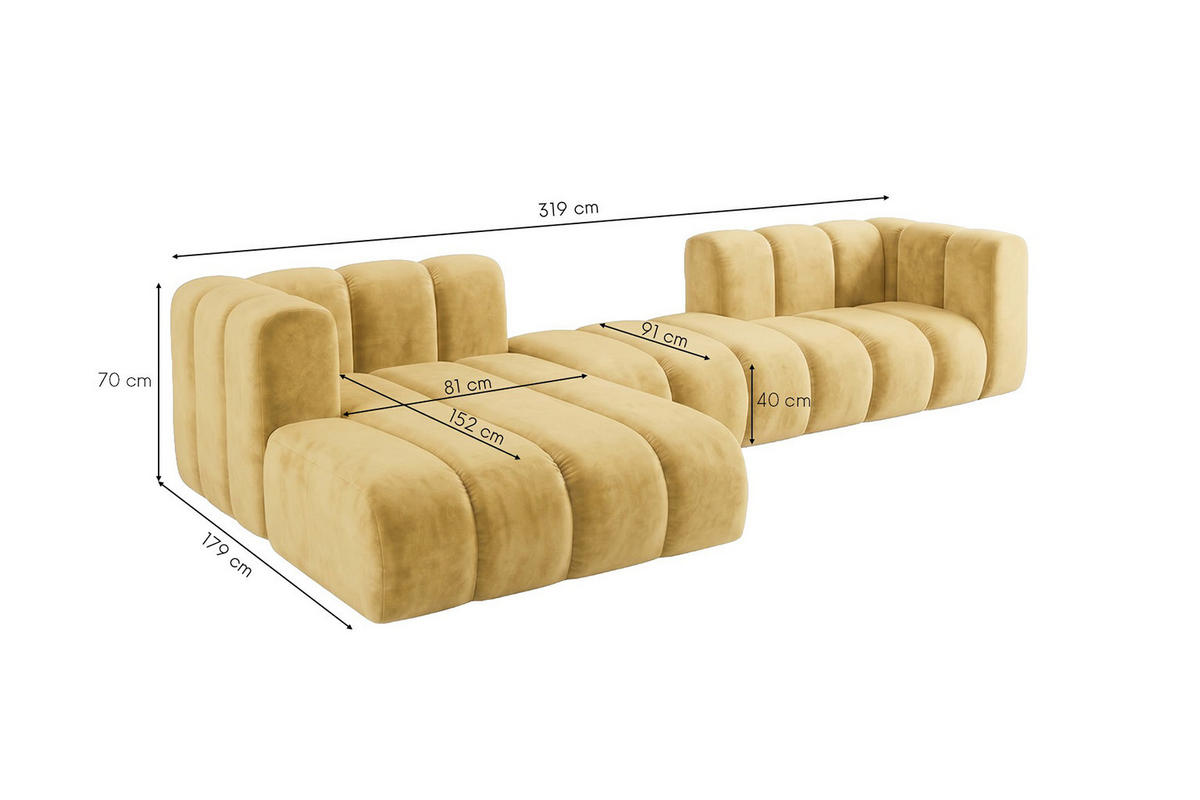 ECKSOFA Modulares In L-Form, Velvet-Stoff Riviera, Buttergelb, Links, GRAND 319 cm - Hellgelb, Holz (319/175cm) - Kaiser Möbel