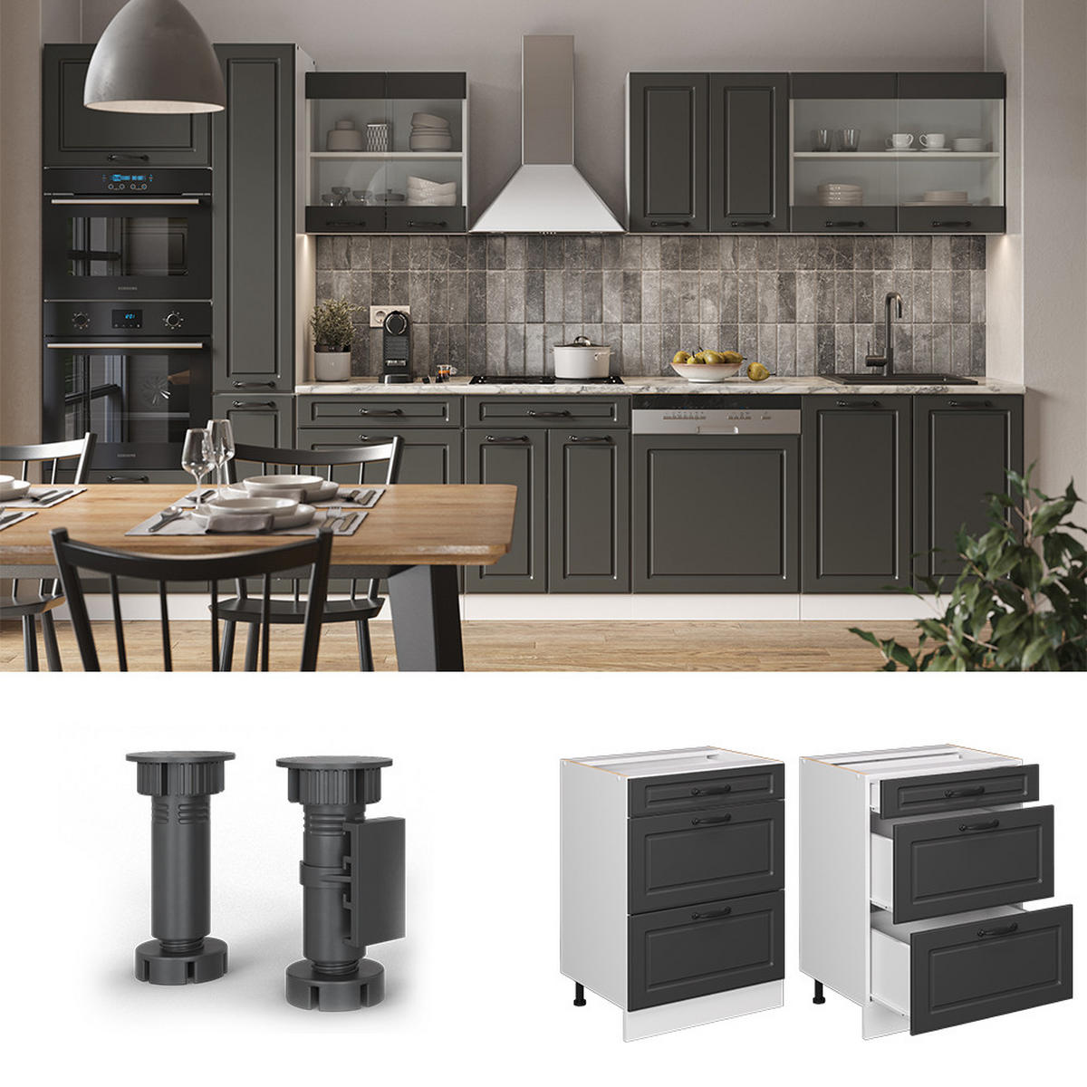 KÜCHENUNTERSCHRANK R-Line Anthrazit Landhaus 60 cm mit Schubladen AP Anthrazit - Dunkelgrau/Anthrazit, Holzwerkstoff (60/81.6/60cm) - Vicco