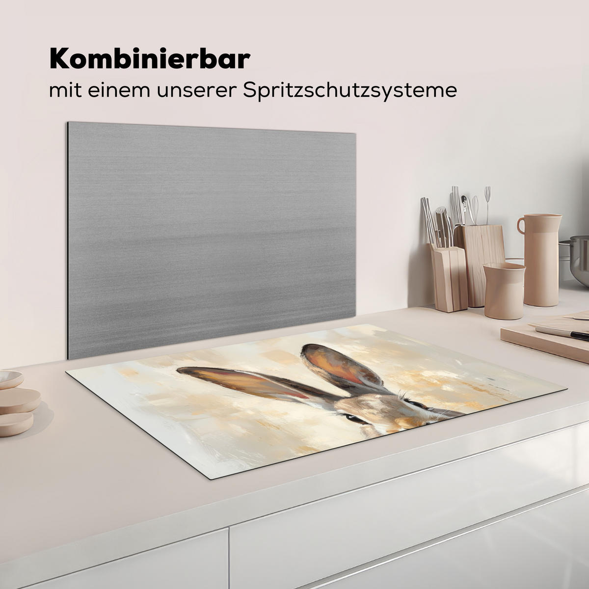 HERDABDECKPLATTE Hase - Ohren - Braun Induktionsmatte 81x52 cm - Beige, Kunststoff (81/52/0.2cm) - MuchoWow