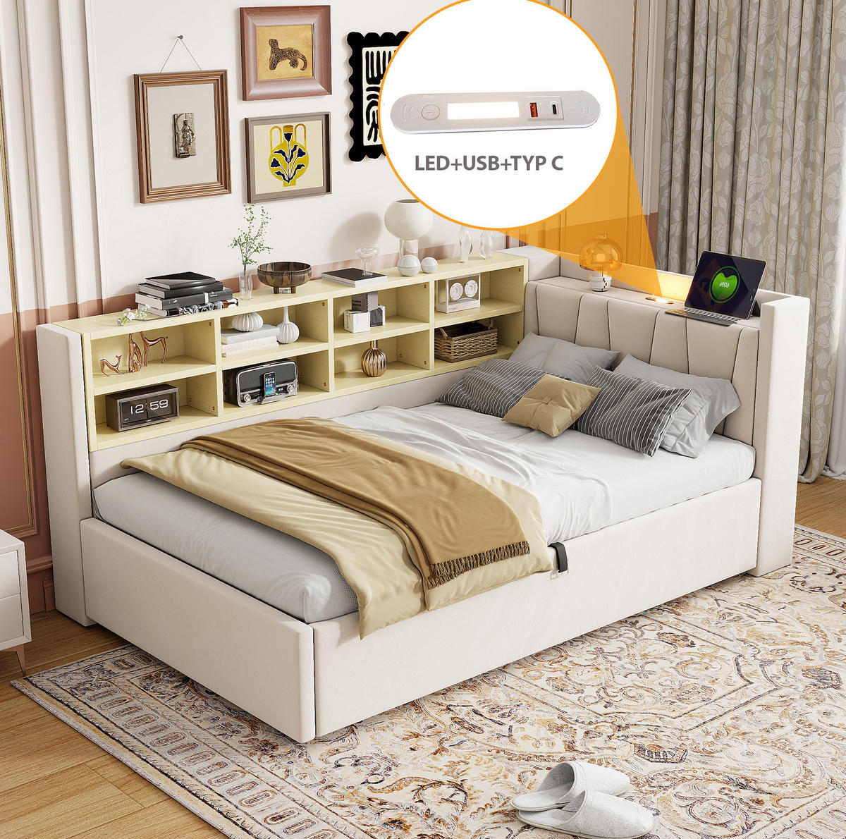 POLSTERBETT 90/200 cm aus Samt mit Nachtlicht, USB-, Typ-C-Anschluss, Bettkasten und Ablagefächern, Beige - Beige, Textil (90/200cm) - Redom