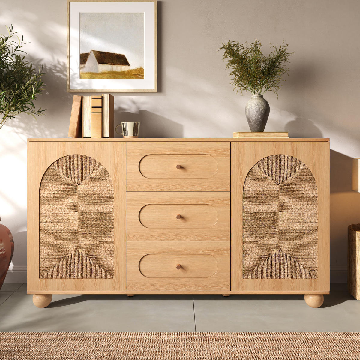 SIDEBOARD Seilgeflecht Türen 3 Schubladen Kieferfüße Modern - Naturfarben, Holzwerkstoff (140/80/40cm) - FLIEKS