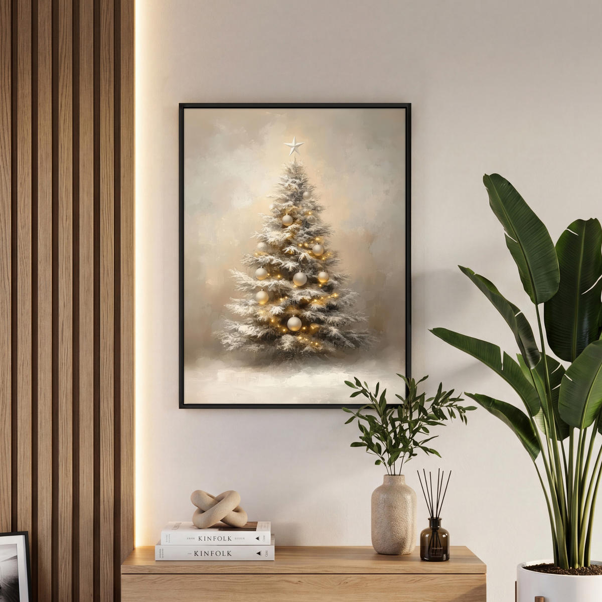 LEINWAND Bilder mit Rahmen - Weihnachten - Weihnachtsbaum - Schnee - Kunst - 50x70 - Champagner, Textil (50/70cm) - MuchoWow