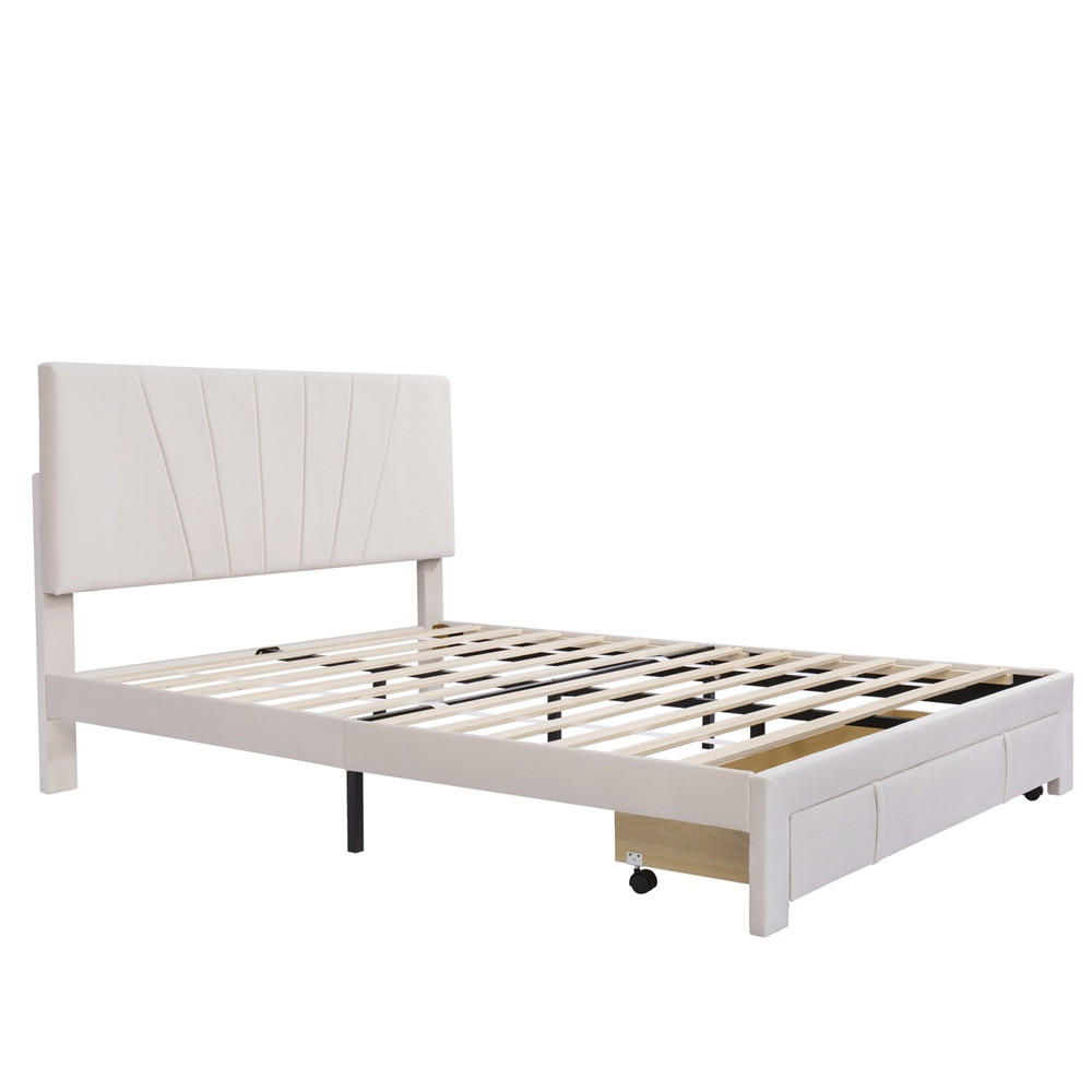 POLSTERBETT 140x200 cm mit höhenverstellbarem Kopfteil - Integrierte Bettschublade am Fußende - ohne Matratze - Beige - Beige, Textil (140/200cm) - DELFA