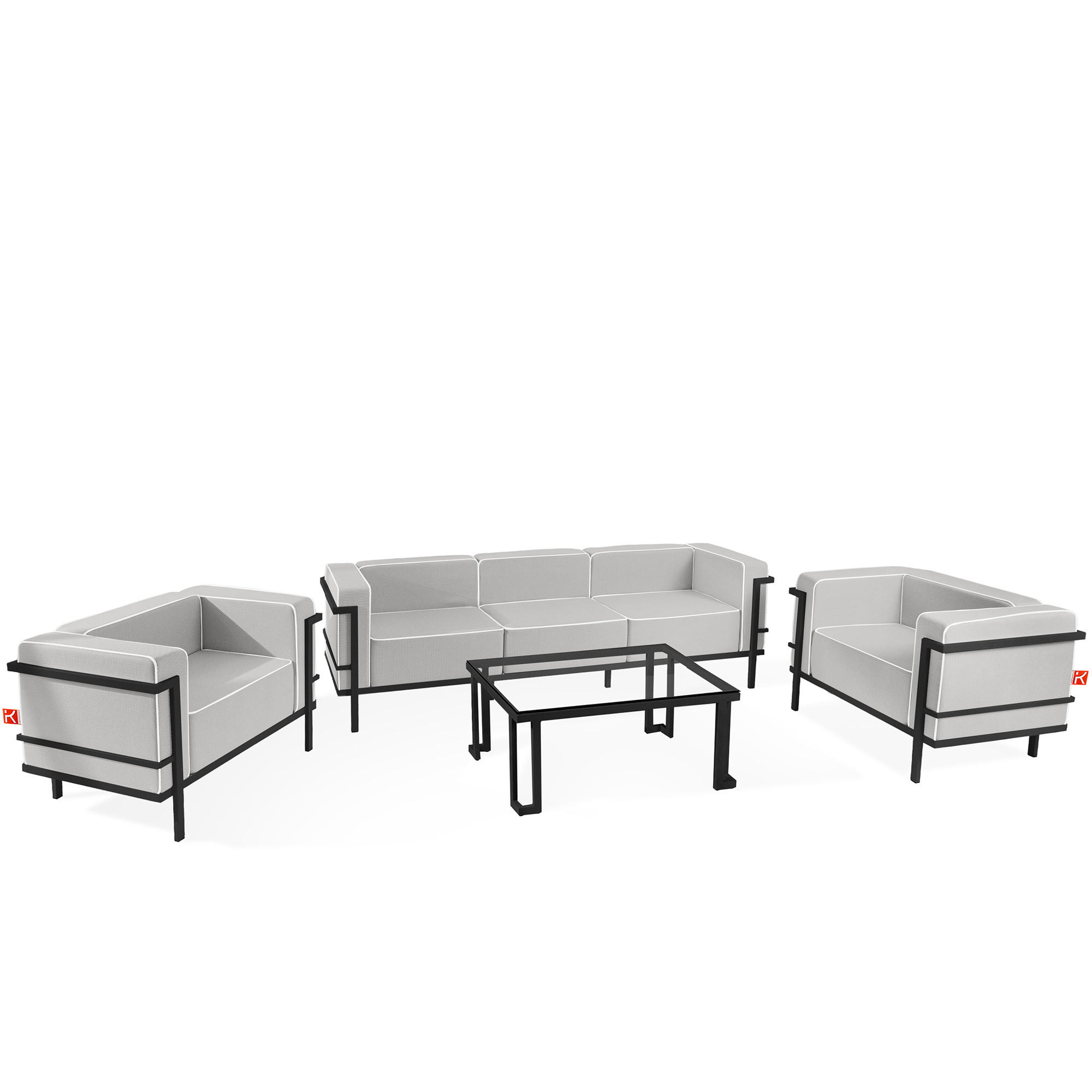 GARTENLOUNGE-SET TRIGLO 1x Tisch, 2x Sessel, 1x Sofa 3-Sitzer, 4-tlg., Modern, Dunkelgrau - Dunkelgrau/Weiß, Glas/Textil - KONSIMO®
