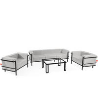 GARTENLOUNGE-SET TRIGLO 1x Tisch, 2x Sessel, 1x Sofa 3-Sitzer, 4-tlg., Modern, Dunkelgrau - Dunkelgrau/Weiß, Glas/Textil - KONSIMO®