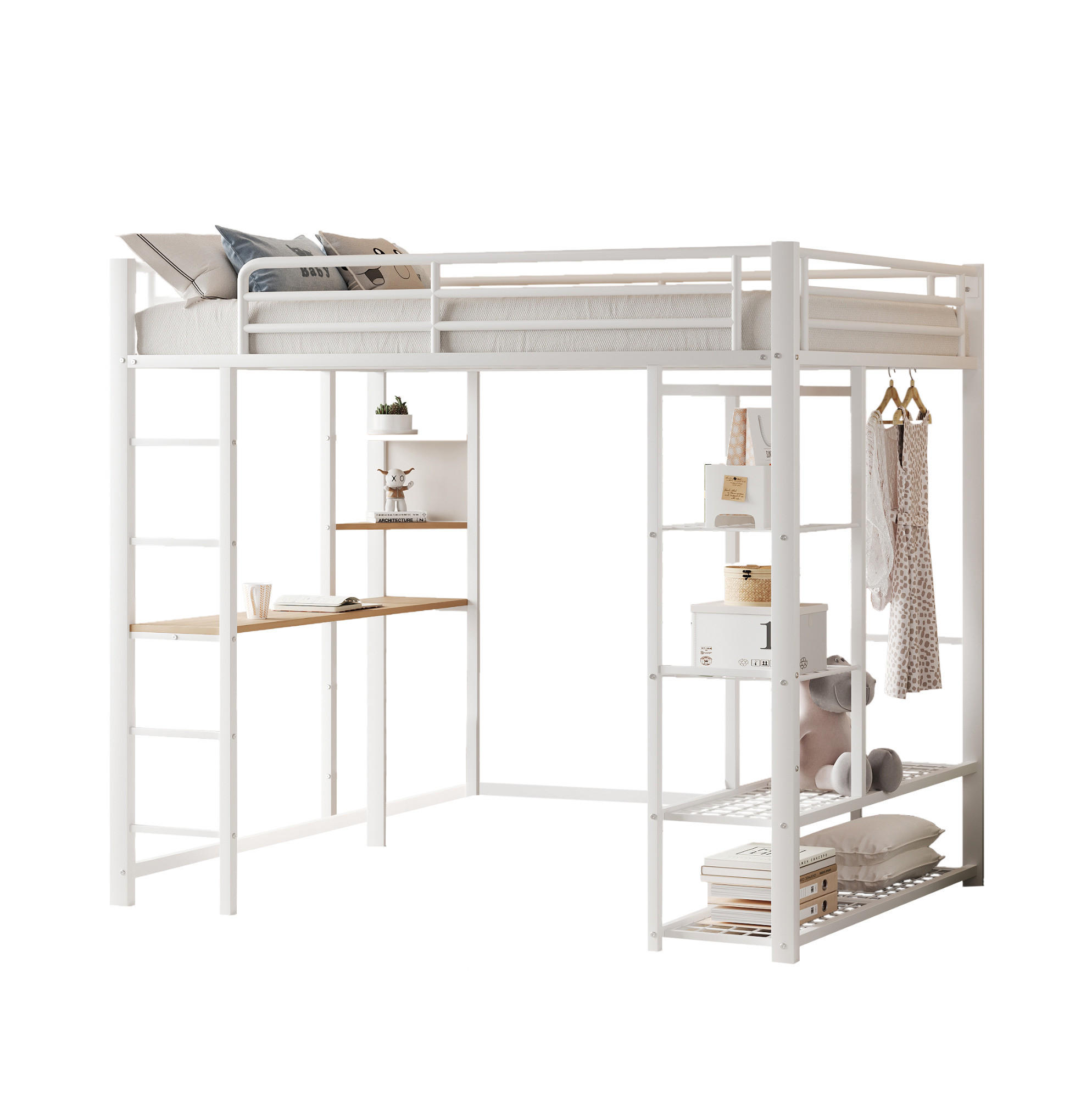HOCHBETT 90/200 cm Weiß aus Metall mit Schreibtisch und Kleiderstange - Weiß, Metall (90/200cm) - OKMYHOME