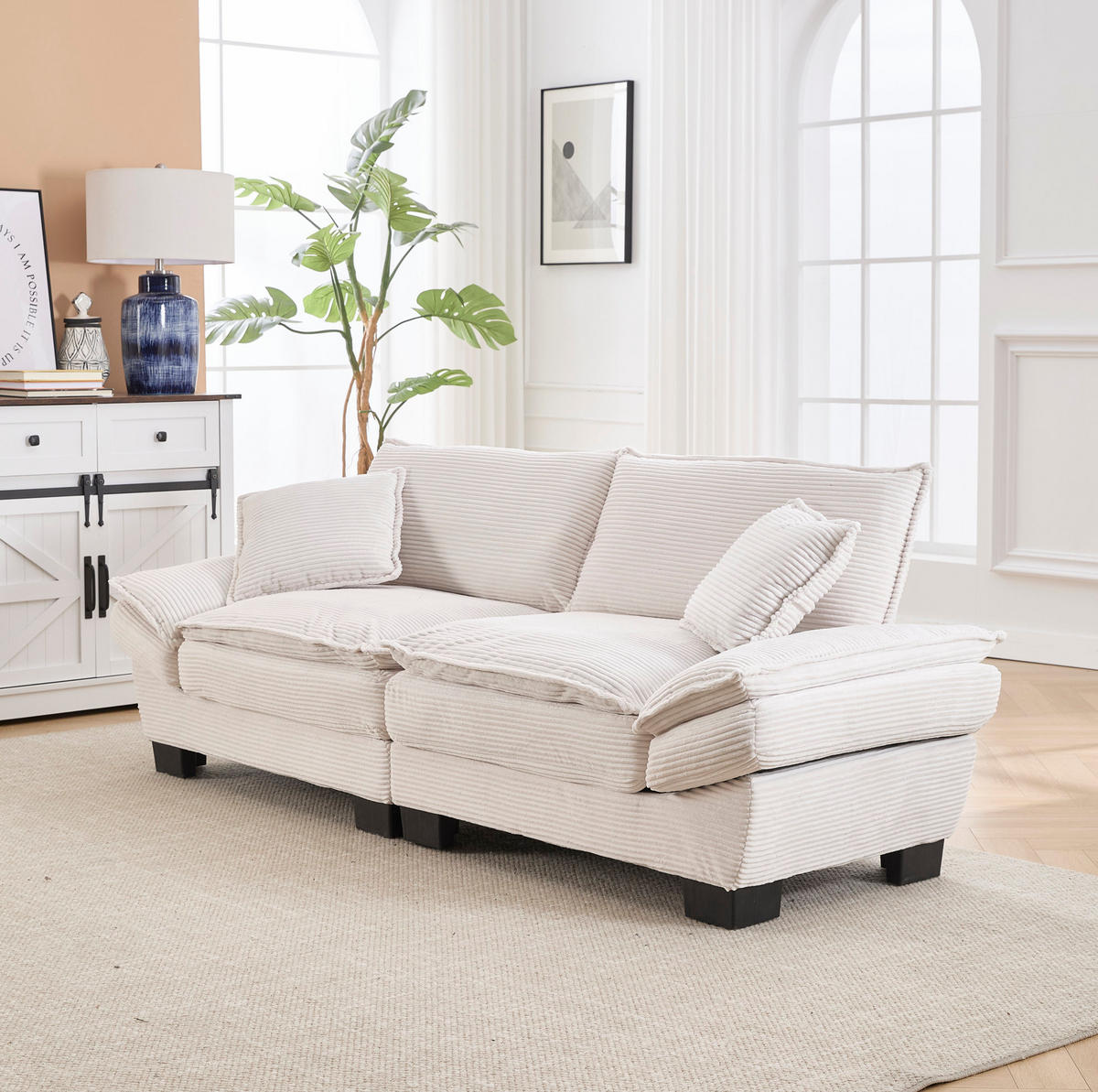 SOFA 2-Sitzer mit Kissen aus Velvet Beige 224/81/81 cm - Beige, Textil (224/81/81cm) - OKWISH