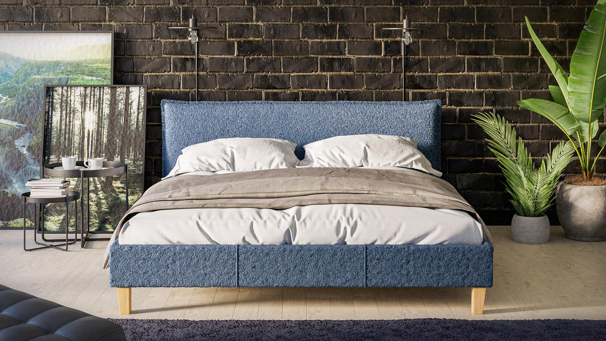 POLSTERBETT Arles 160/200 cm Boucle Stoff - Blau/Hellbraun, Holz/Textil (160/200cm) - S-Style Möbel
