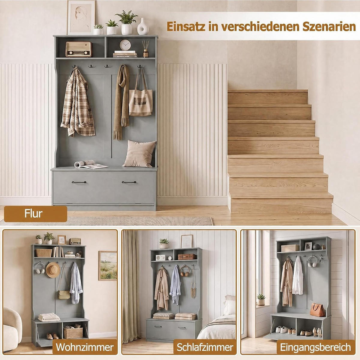 GARDEROBENSTÄNDER mit Schuhschrank grau - Grau, Holzwerkstoff (100/180/71cm) - COSTWAY